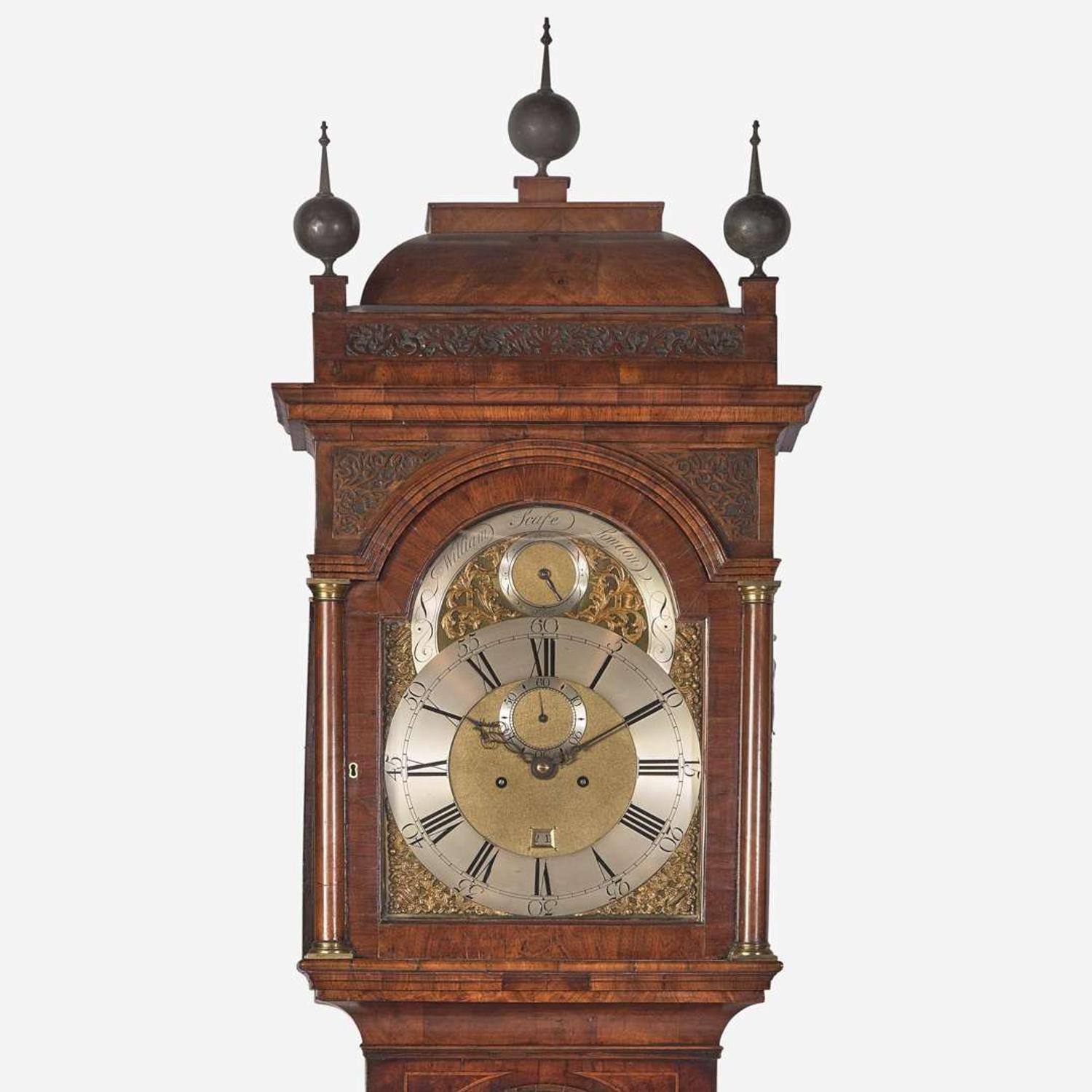 A George II inlaid and veneered burl walnut tall case clock William Scafe, London, circa 1750