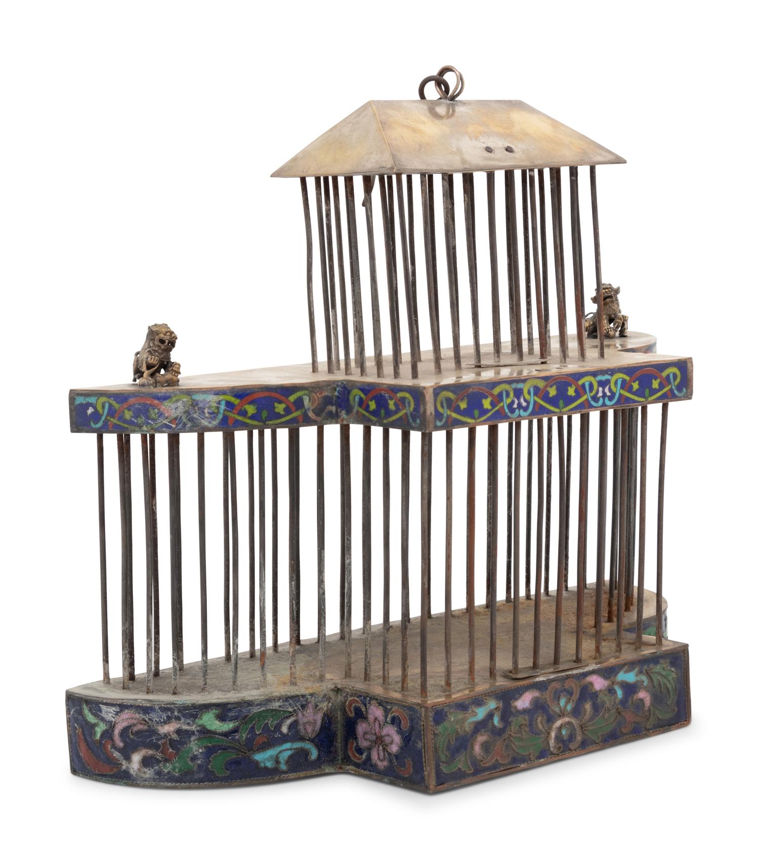 A Chinese Brass and Champlevé Enamel Ornamental Bird Cage