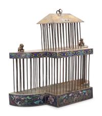 A Chinese Brass and Champlevé Enamel Ornamental Bird Cage