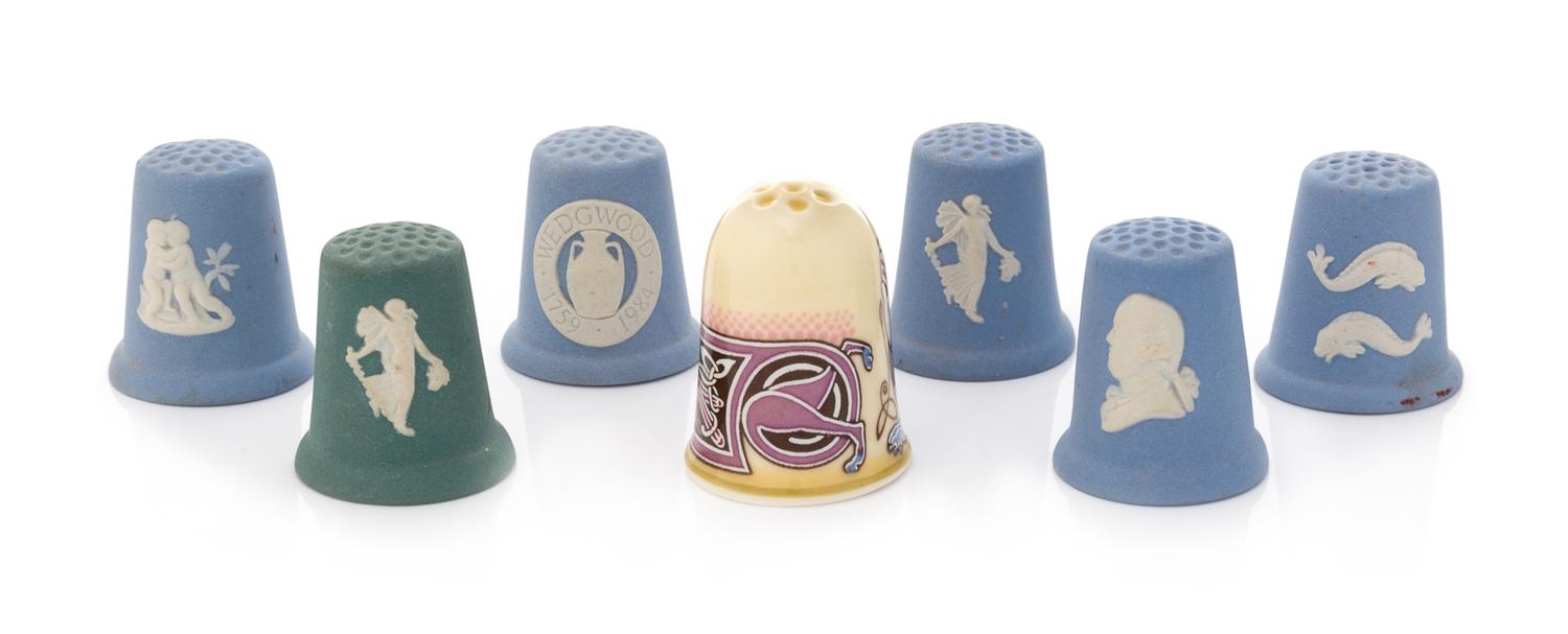 Six Wedgwood Jasperware Thimbles Height of tallest 1 1/4 inches.