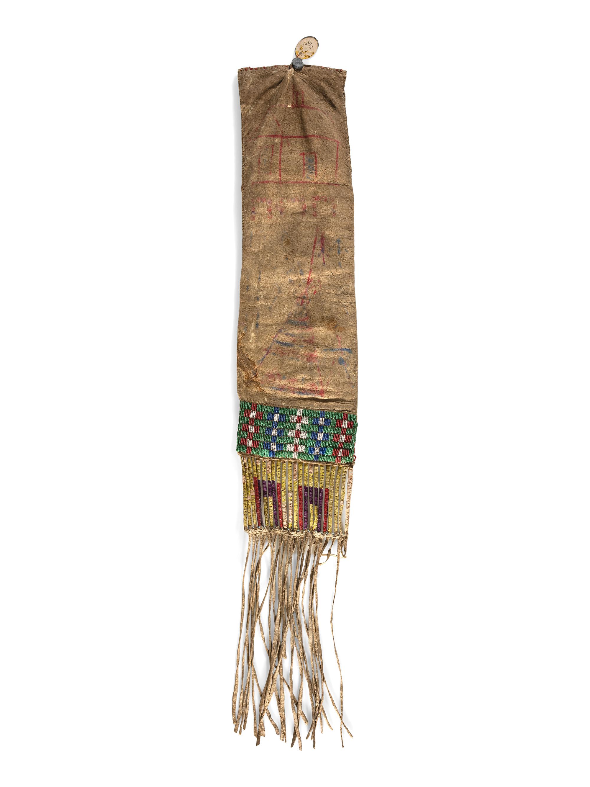 Sioux Beaded and Quilled Tobacco Bag, with Drawing on Reverse
