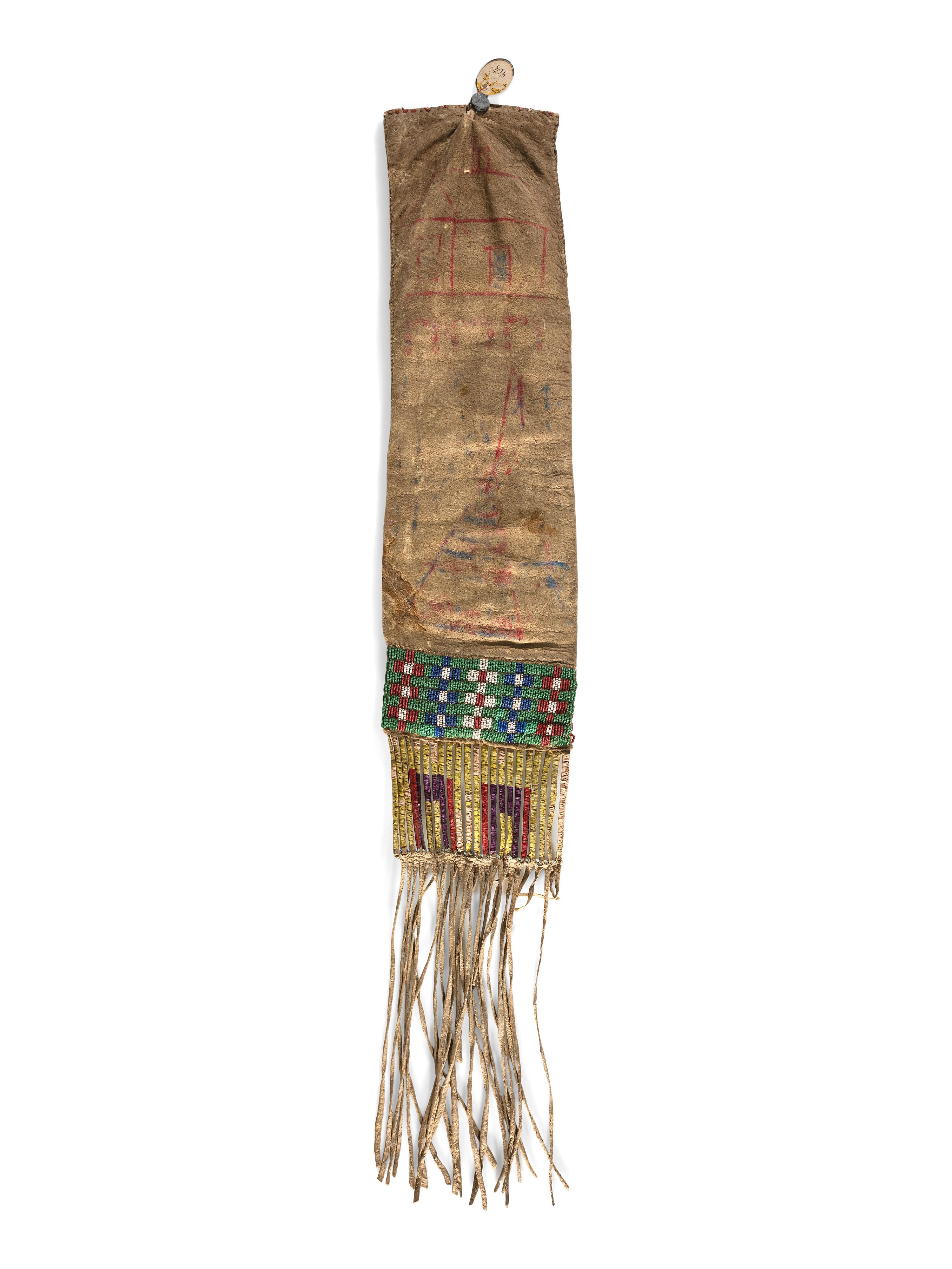 Sioux Beaded and Quilled Tobacco Bag, with Drawing on Reverse