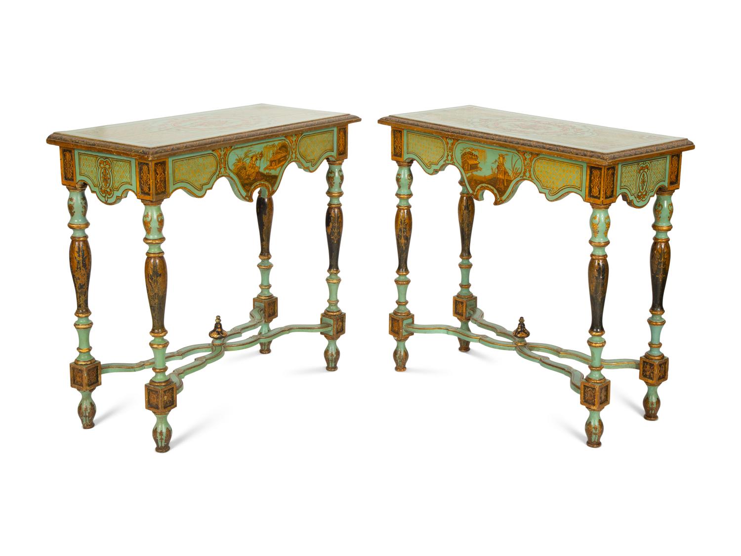 A Pair of Chinoiserie-Decorated Painted Pier Tables