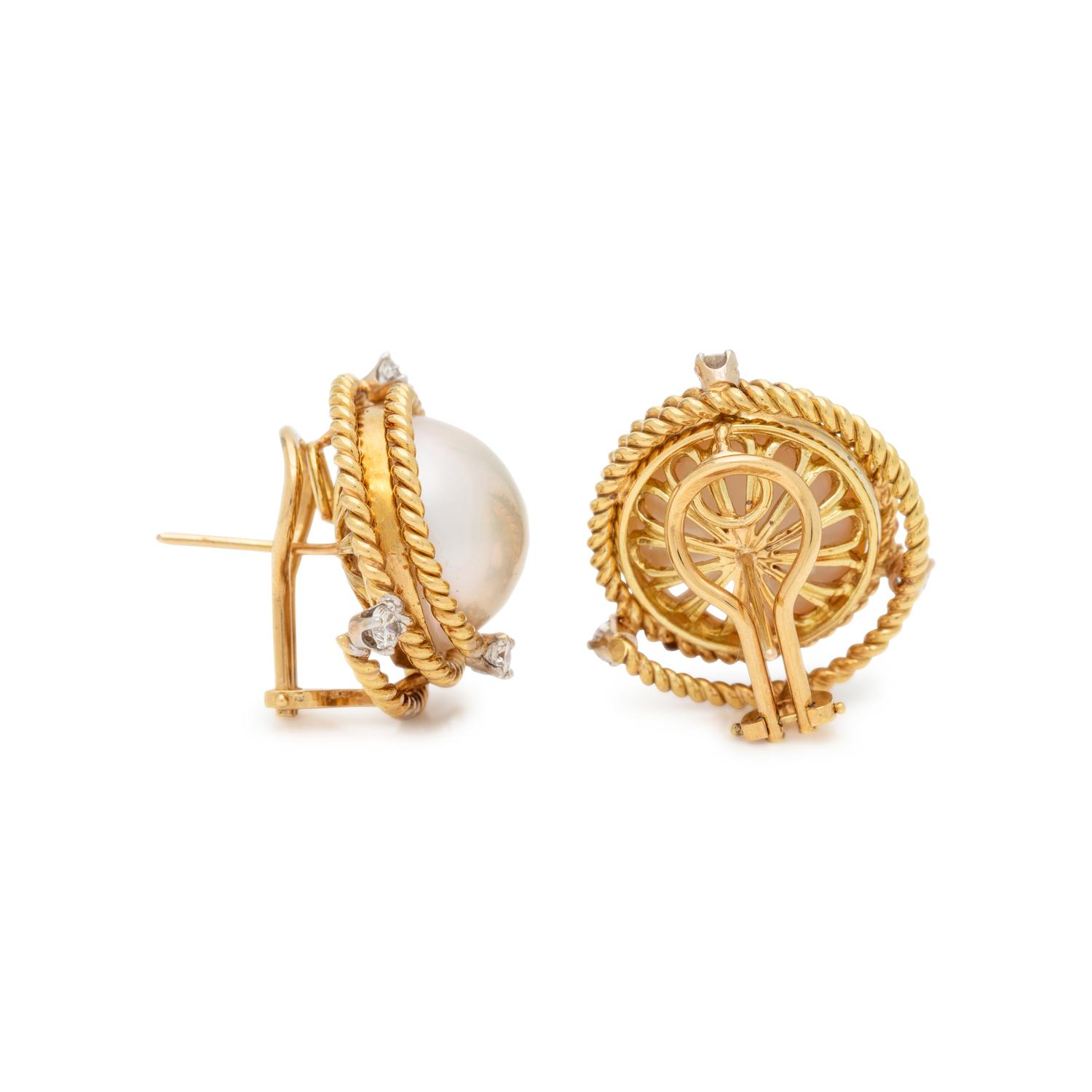 CULTURED MABE PEARL AND DIAMOND EARCLIPS