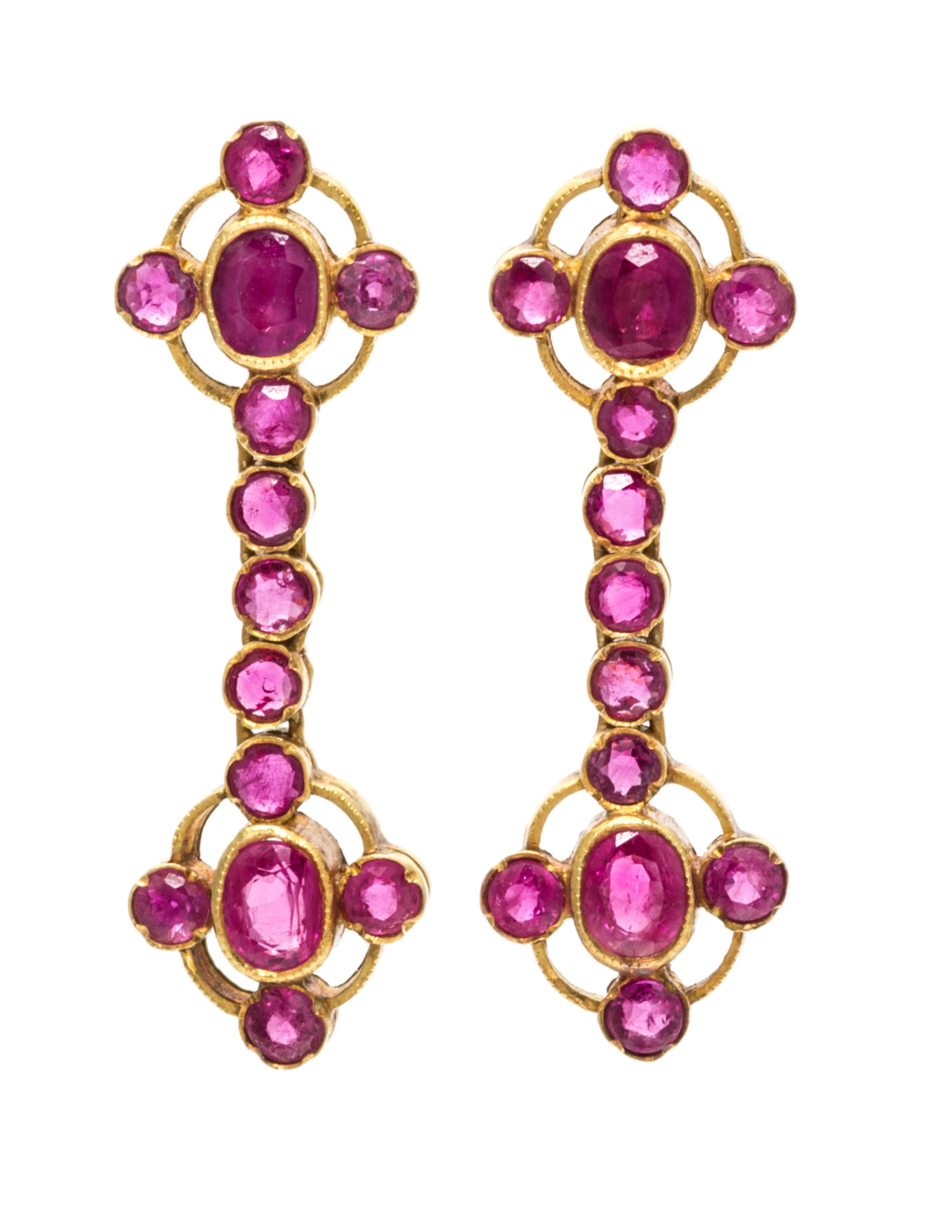 A Pair of 18 Karat Yellow Gold and Ruby Earrings, 2.80 dwts.