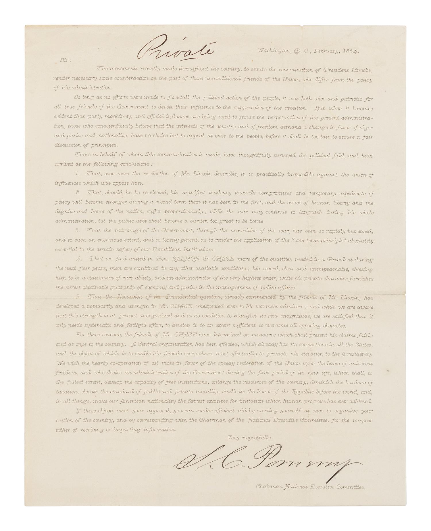 [1864 PRESIDENTIAL ELECTION]. POMEROY, Samuel Clarke (1816-1891). [The Pomeroy Circular]. Washington, February 1864.