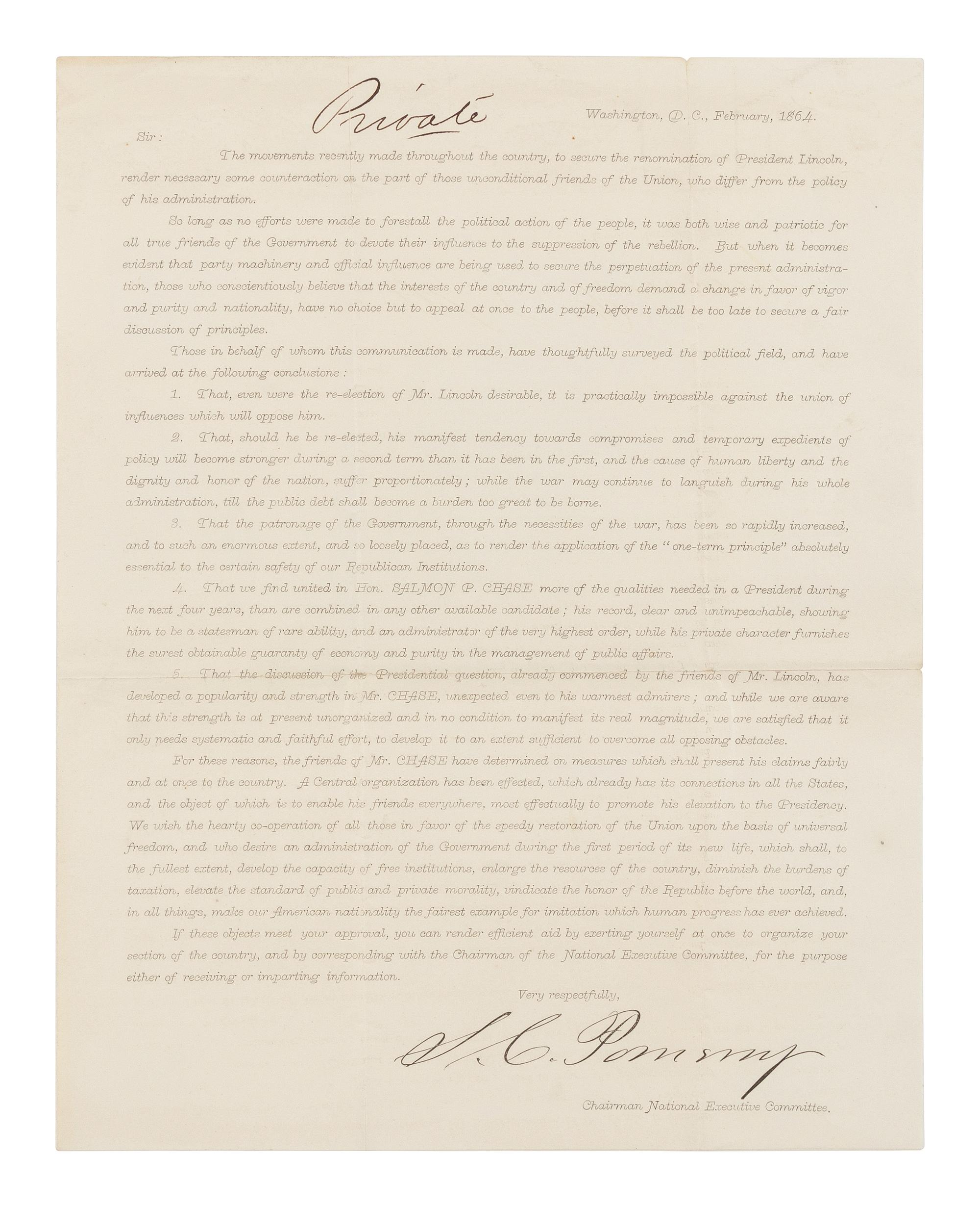 [1864 PRESIDENTIAL ELECTION]. POMEROY, Samuel Clarke (1816-1891). [The Pomeroy Circular]. Washington, February 1864.