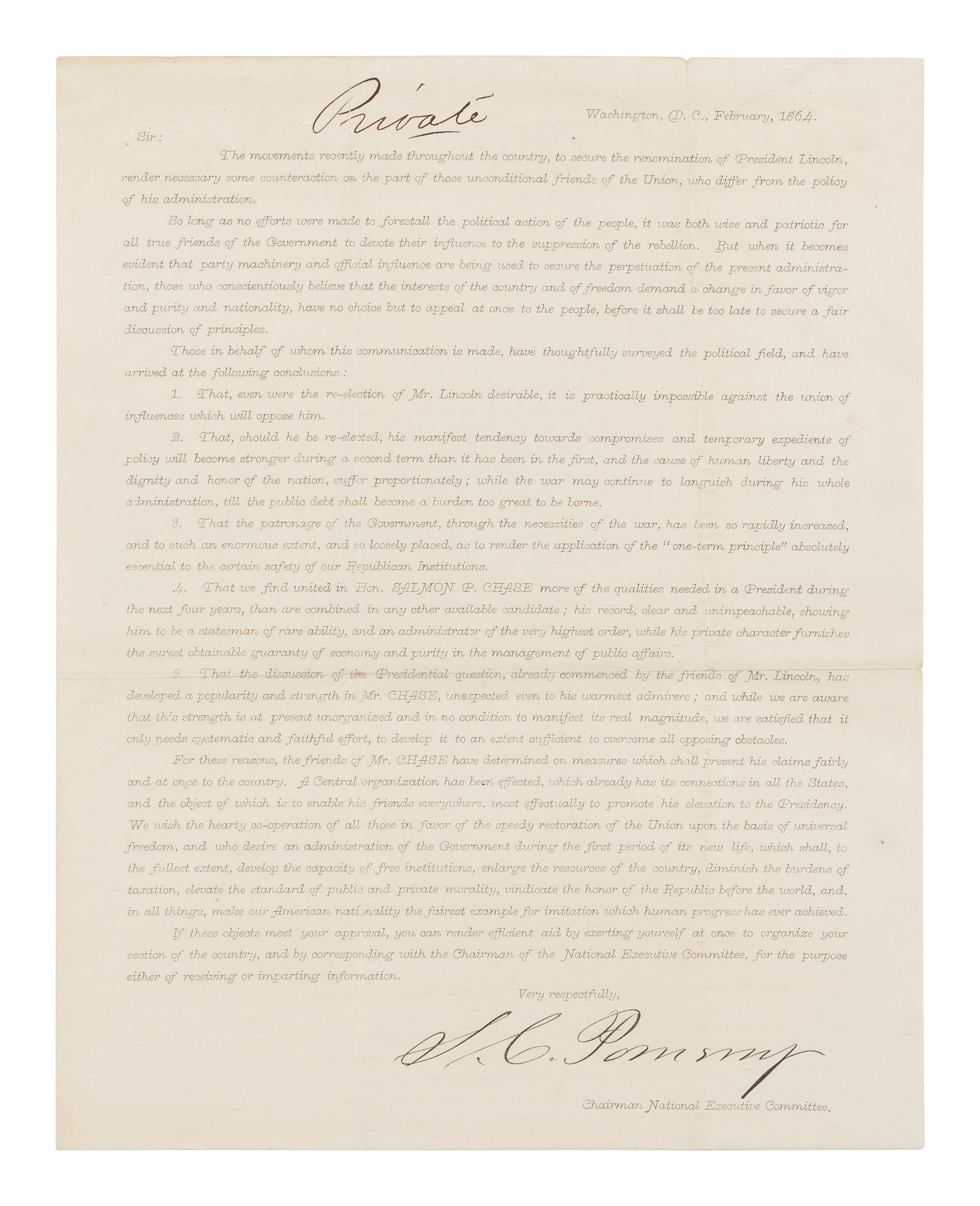 [1864 PRESIDENTIAL ELECTION]. POMEROY, Samuel Clarke (1816-1891). [The Pomeroy Circular]. Washington, February 1864.