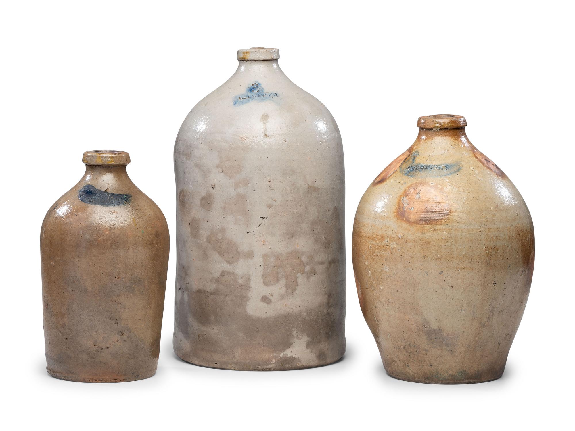 Three Chauncey Tupper Cobalt Decorated Stoneware Jugs