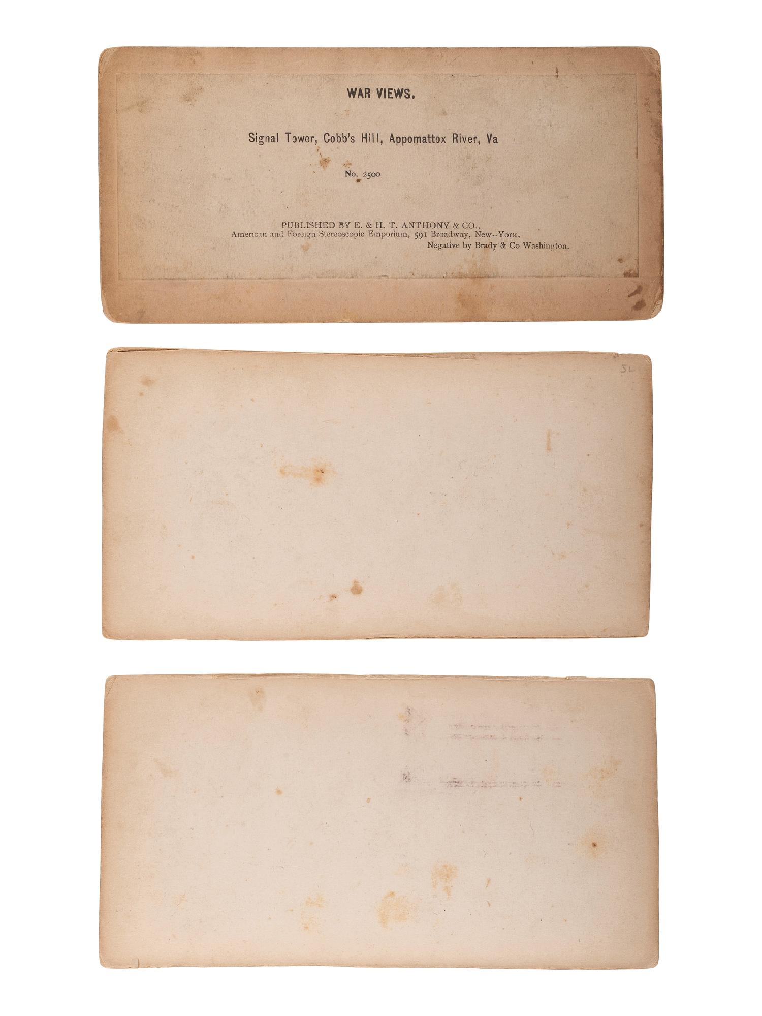 [CIVIL WAR]. A group of 3 stereoviews, incl. General Grant's Rail Road, City Point, VA, from "The War for the Union" series. New York: E. & H.T. Anthony, ca 1860s.