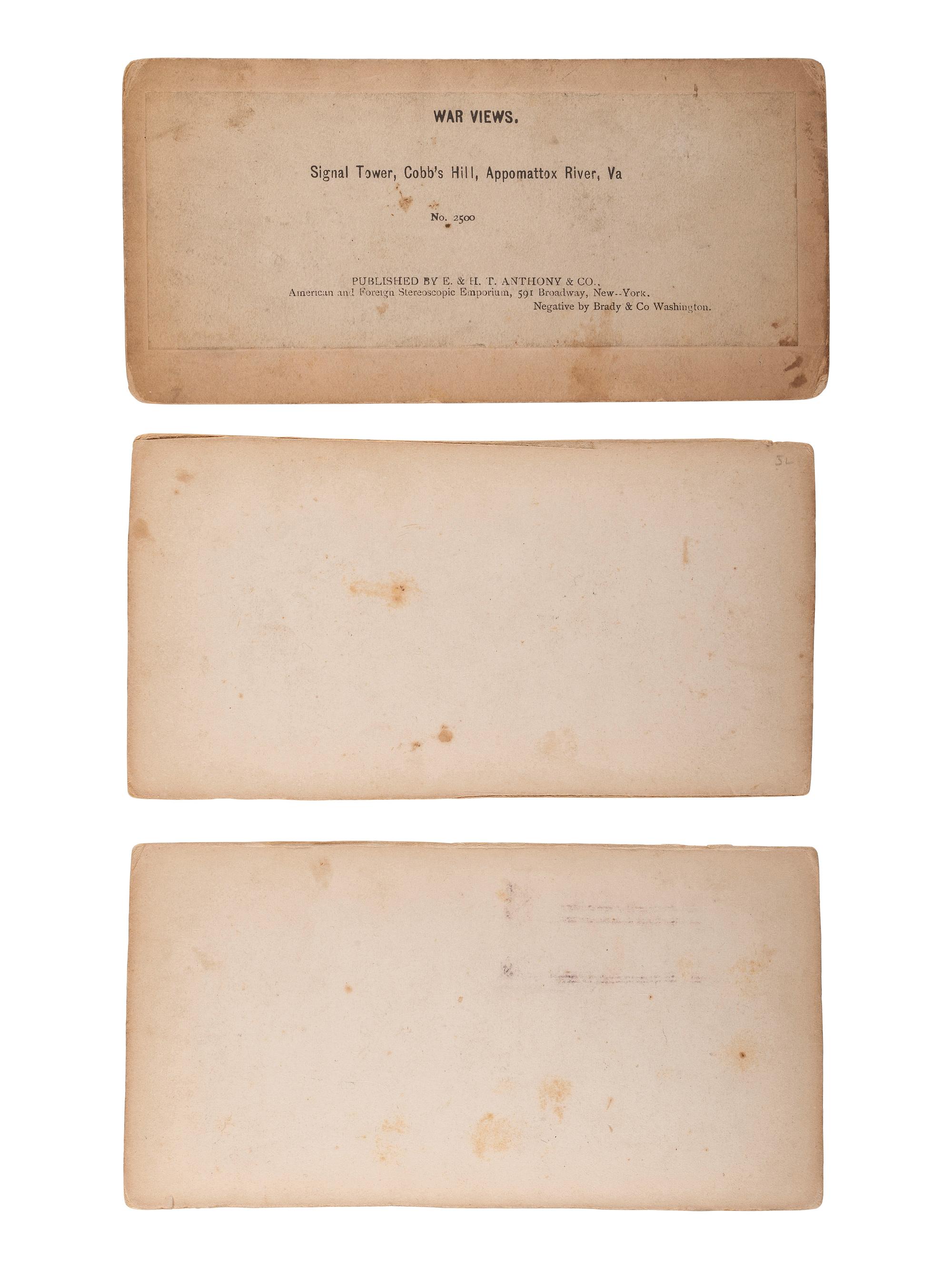 [CIVIL WAR]. A group of 3 stereoviews, incl. General Grant's Rail Road, City Point, VA, from "The War for the Union" series. New York: E. & H.T. Anthony, ca 1860s.