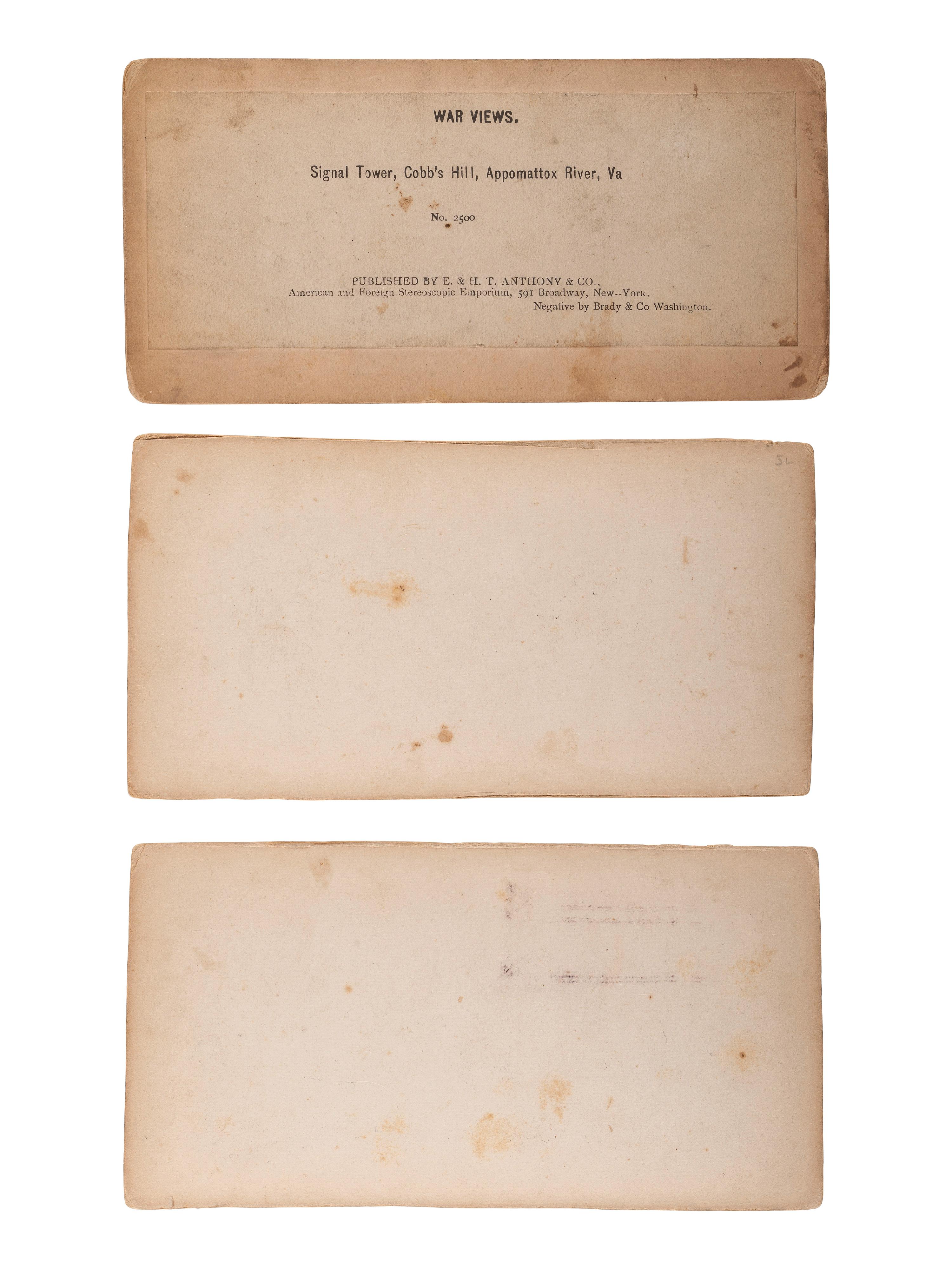 [CIVIL WAR]. A group of 3 stereoviews, incl. General Grant's Rail Road, City Point, VA, from "The War for the Union" series. New York: E. & H.T. Anthony, ca 1860s.