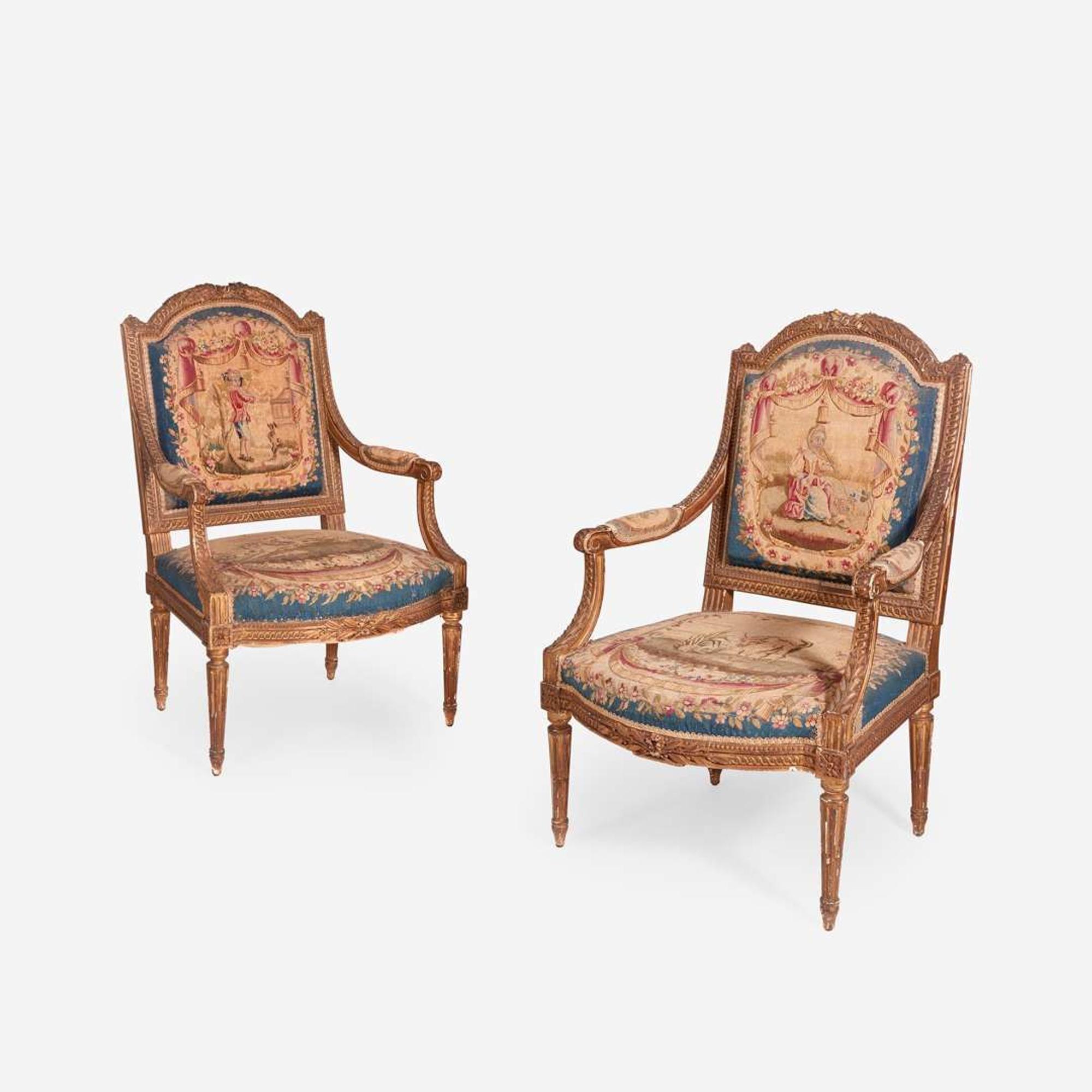 A Pair of Louis XVI Style Giltwood fauteuil à la reine circa 1870-1880
