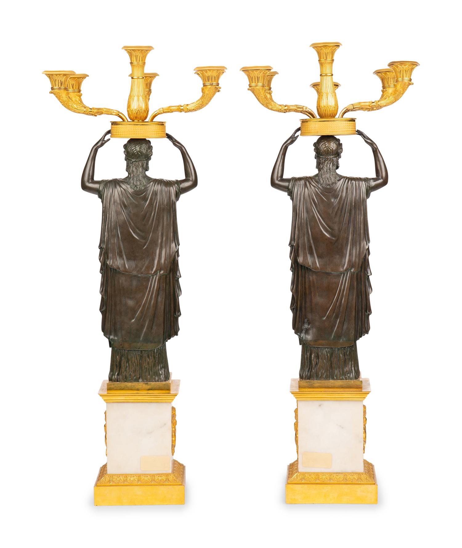 A Pair of Italian Gilt and Patinated Bronze and Marble Six-Light Candelabra