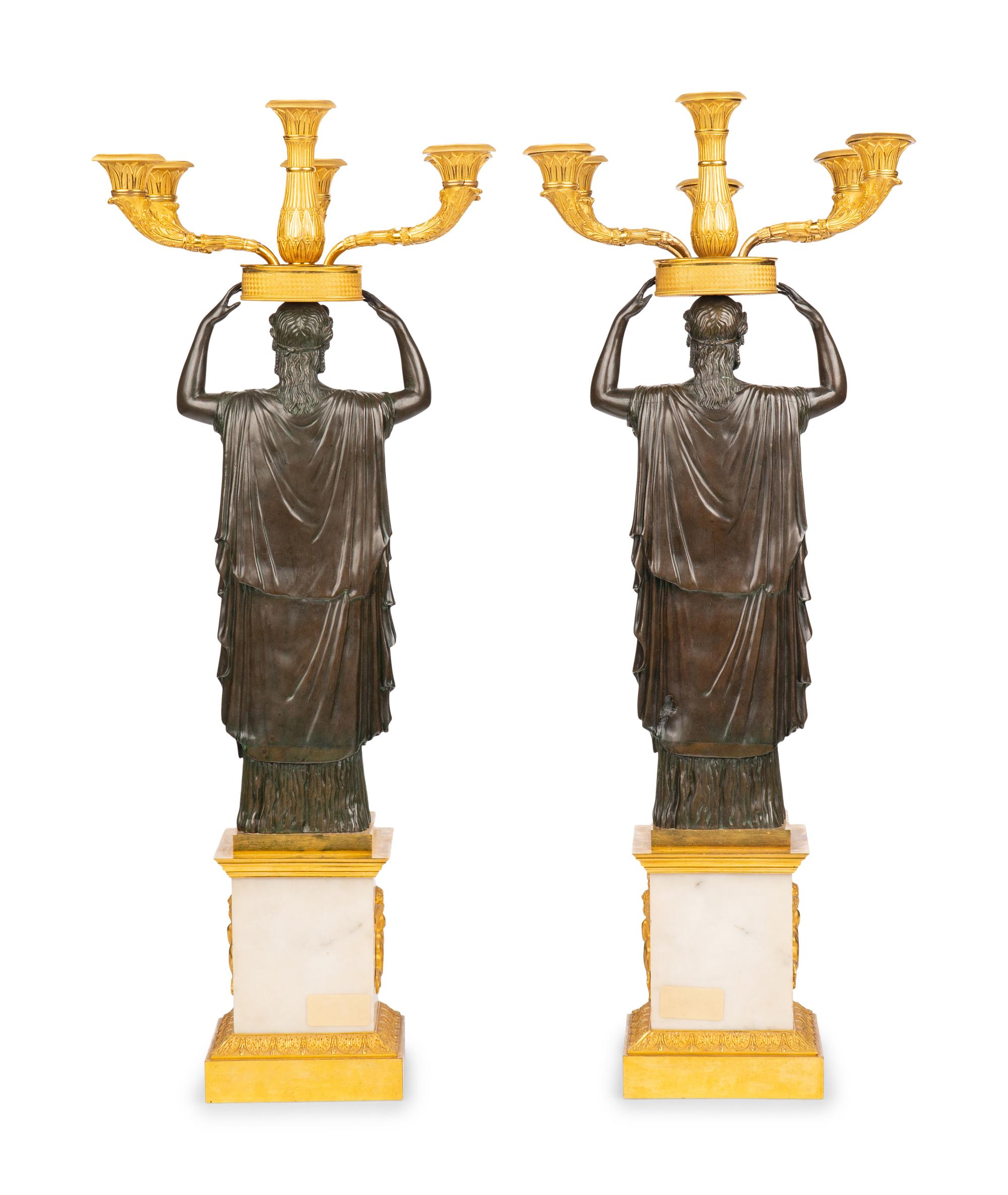 A Pair of Italian Gilt and Patinated Bronze and Marble Six-Light Candelabra