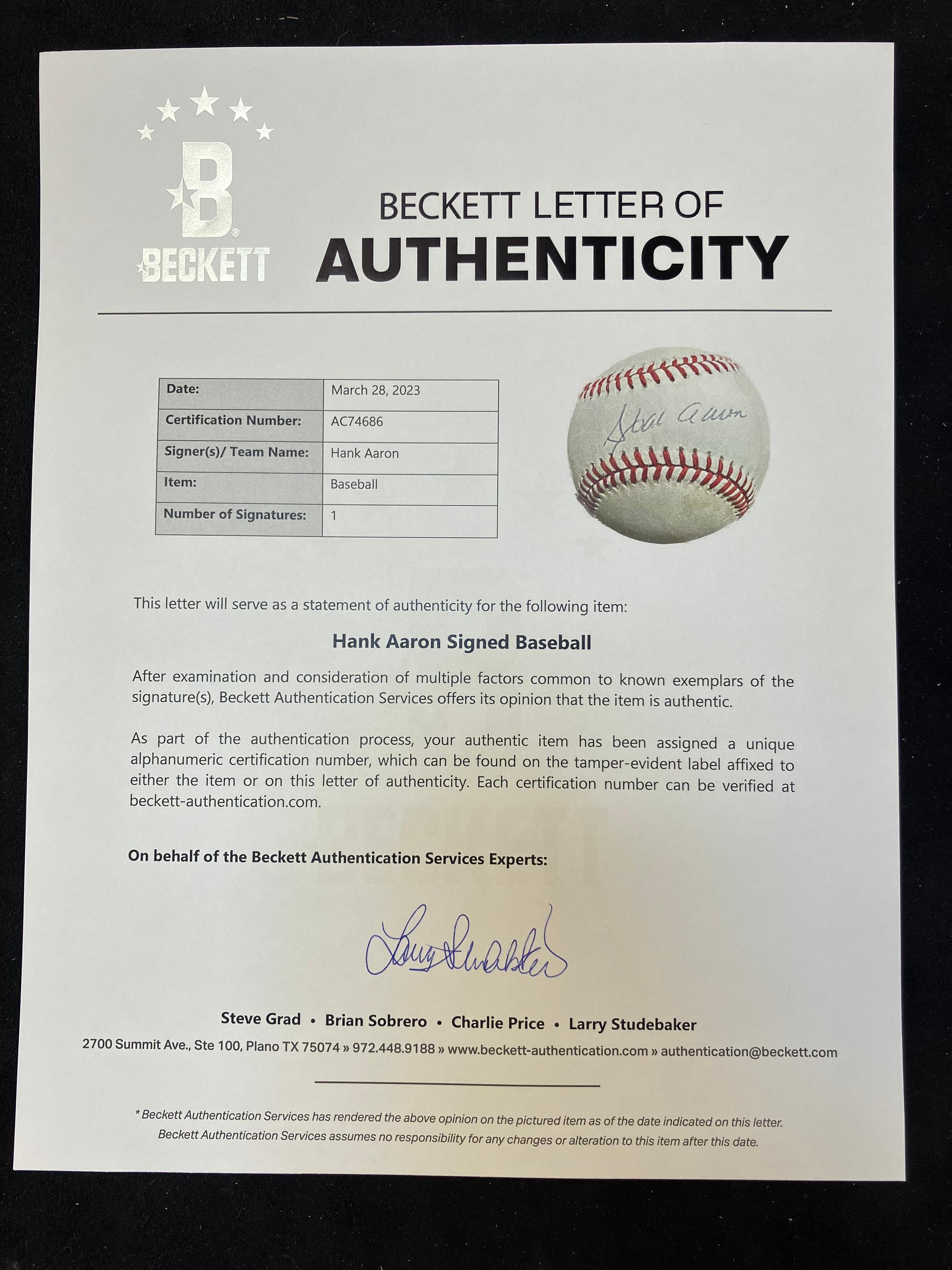 A Hank Aaron Single Signed Autograph Baseball (Beckett Authentication Services Letter),