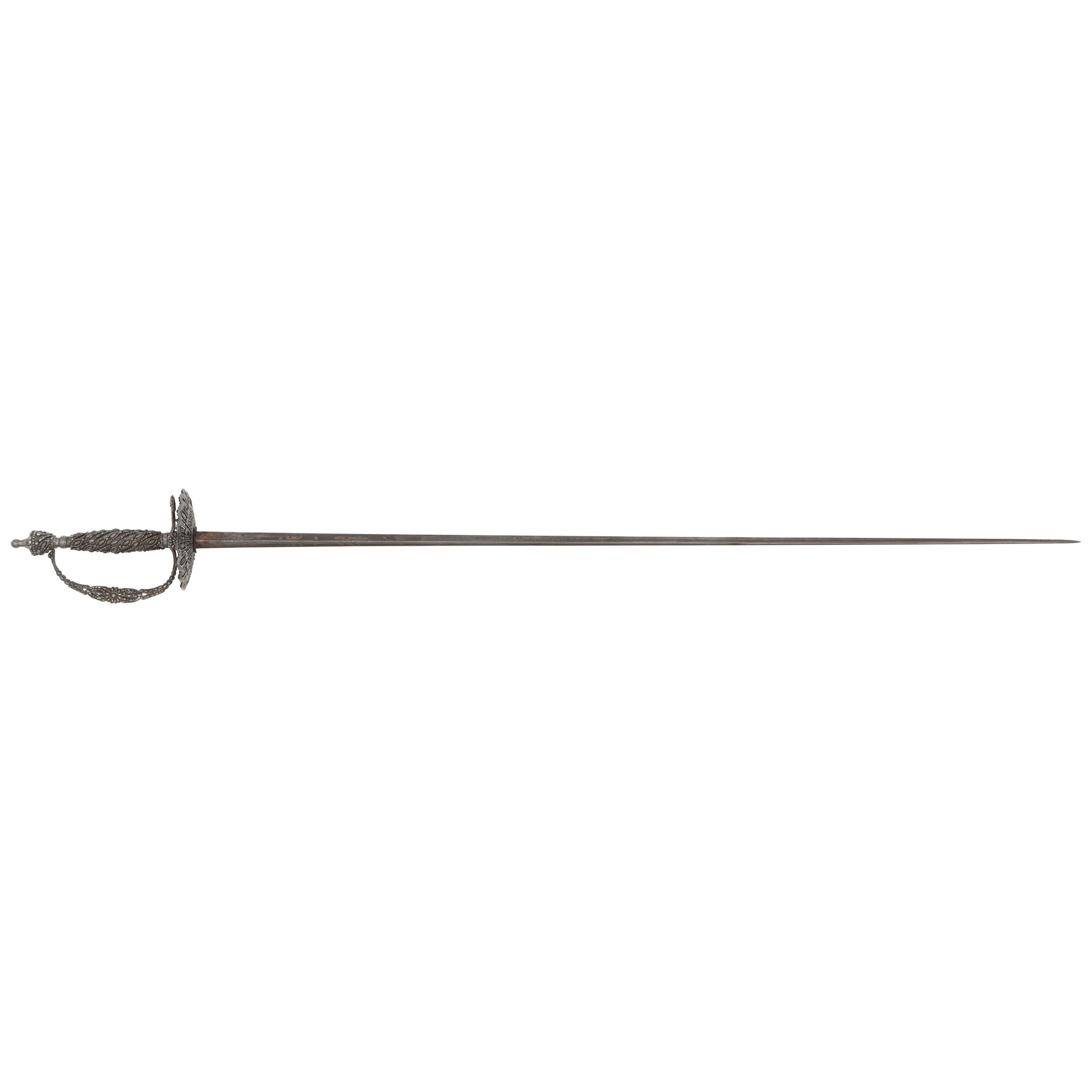 Elaborate Steel Hilted French Small Sword with Blued & Gilt Blade