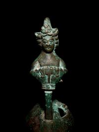 A Roman Bronze Oil Lamp in the Shape of a Dove with the Bust of a Goddess