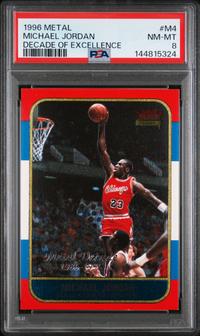 A 1996 Fleer Metal Michael Jordan Decade of Excellence Basketball Card No. M4 (PSA 8 NM-MT)