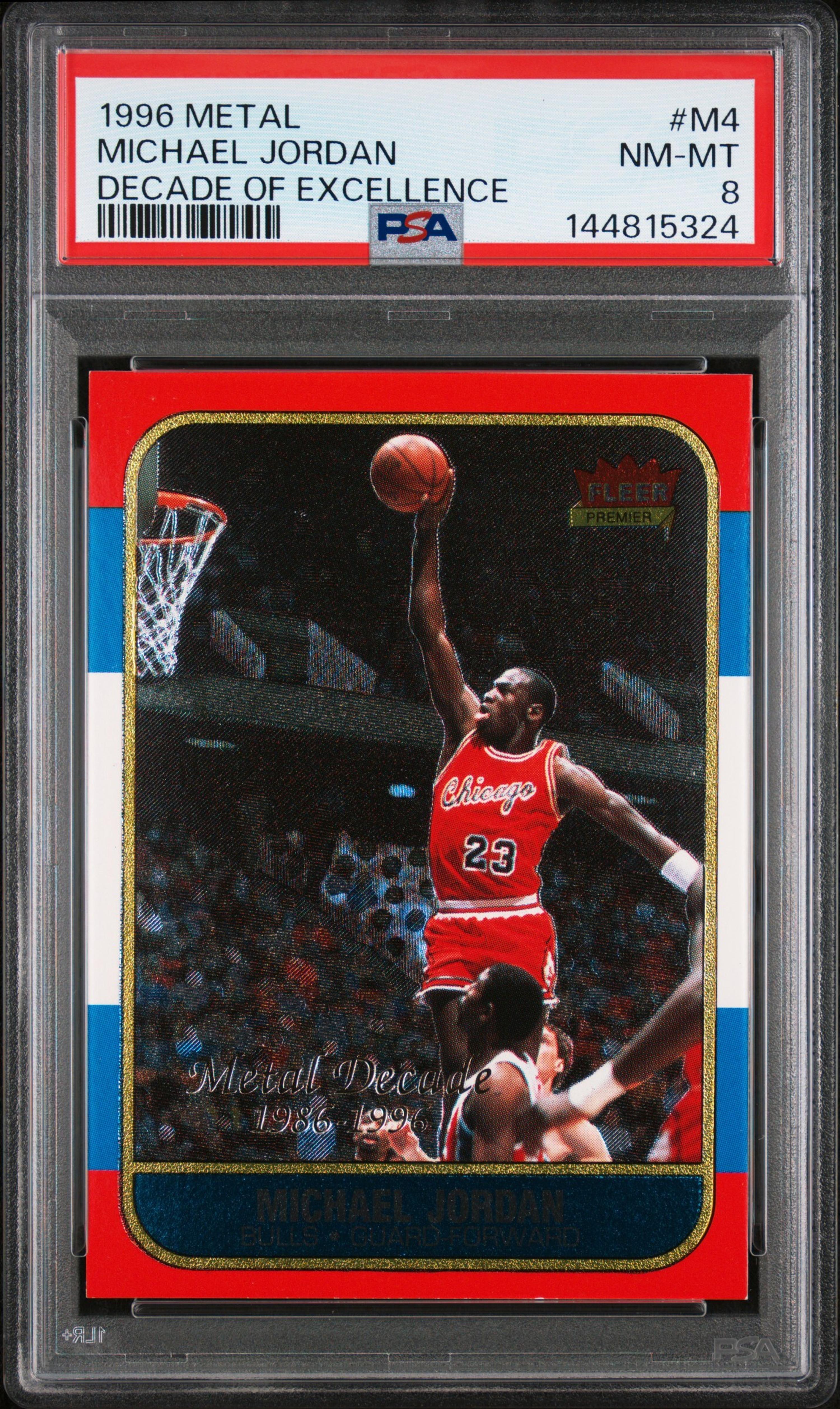 A 1996 Fleer Metal Michael Jordan Decade of Excellence Basketball Card No. M4 (PSA 8 NM-MT)