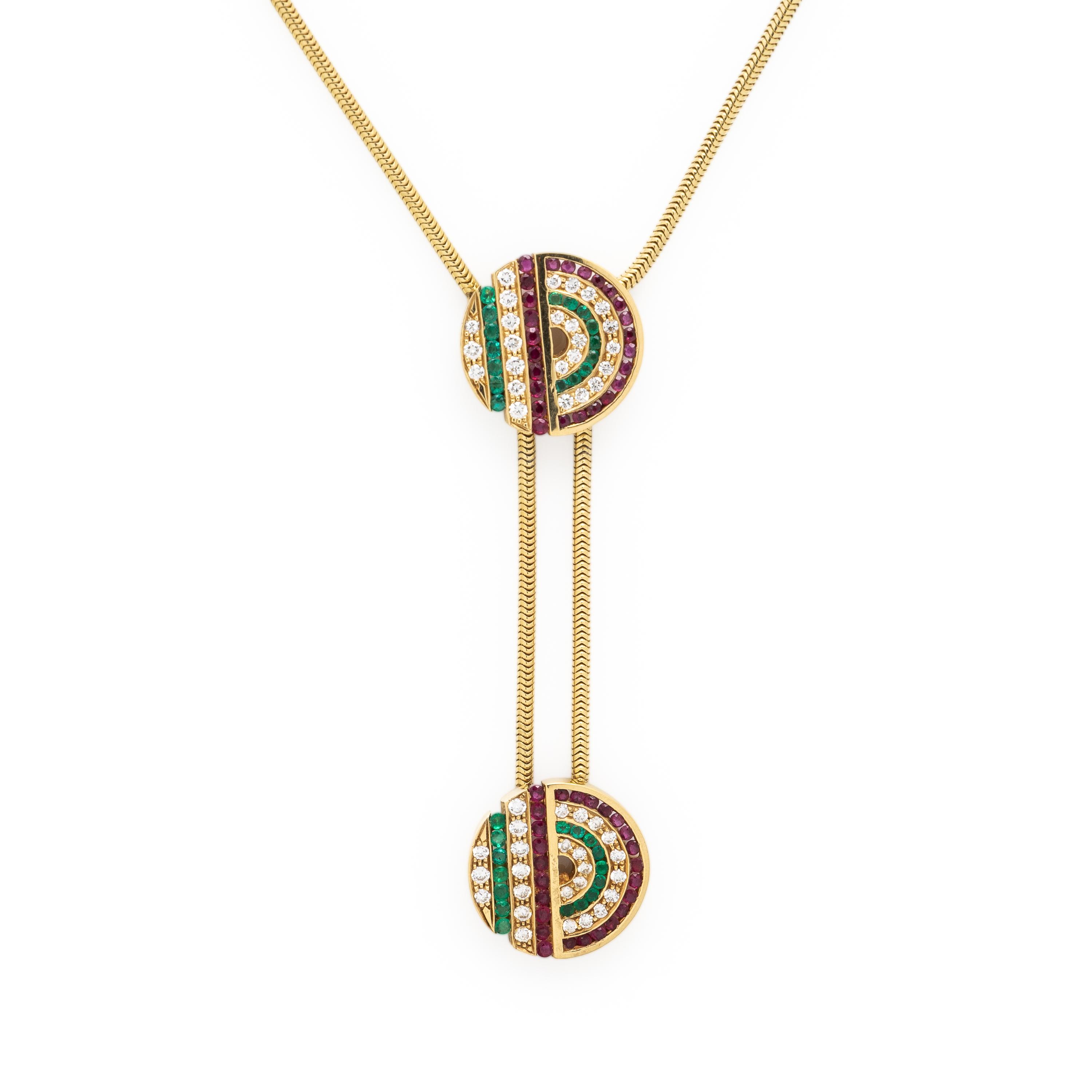 Diamond, Ruby, Emerald, and Yellow Gold Necklace
