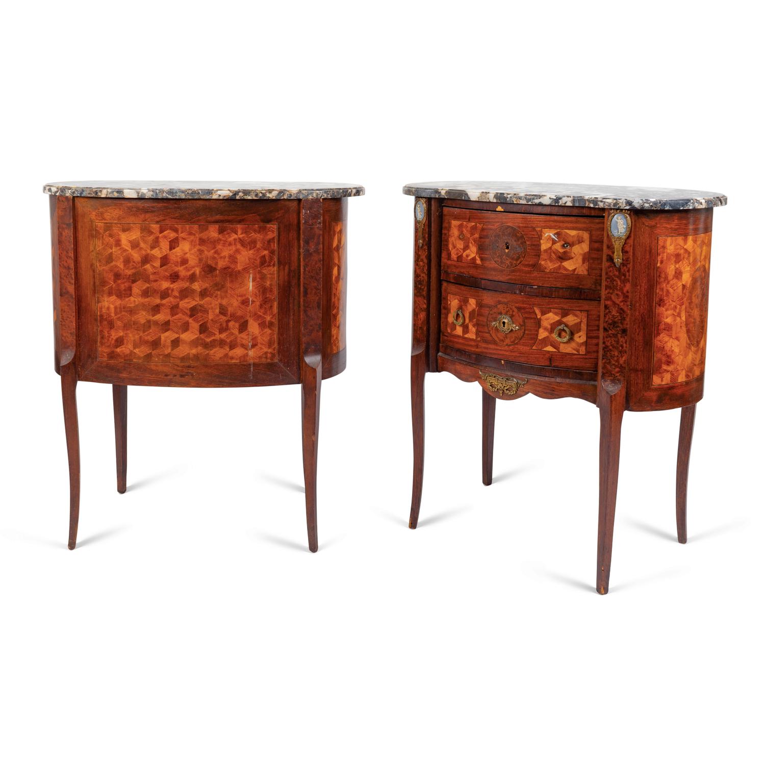 A Pair of Louis XV/XVI Transitional Style Parquetry Inlaid Marble Top Side Cabinets