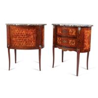 A Pair of Louis XV/XVI Transitional Style Parquetry Inlaid Marble Top Side Cabinets