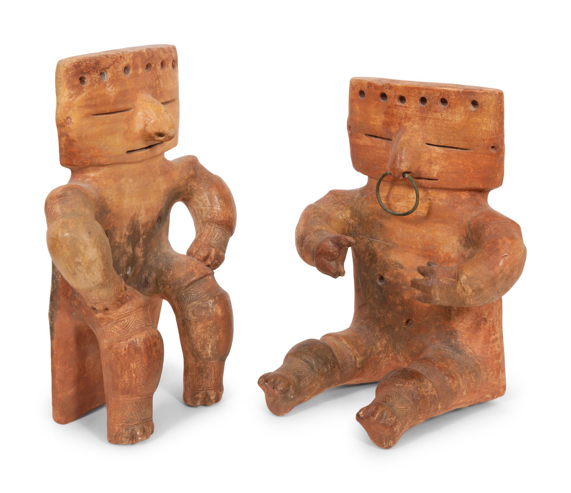Two Quimbaya Style Pottery Seated Figures