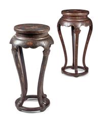A Pair of Chinese Brown Ground Polychrome Painted Flower Stands
