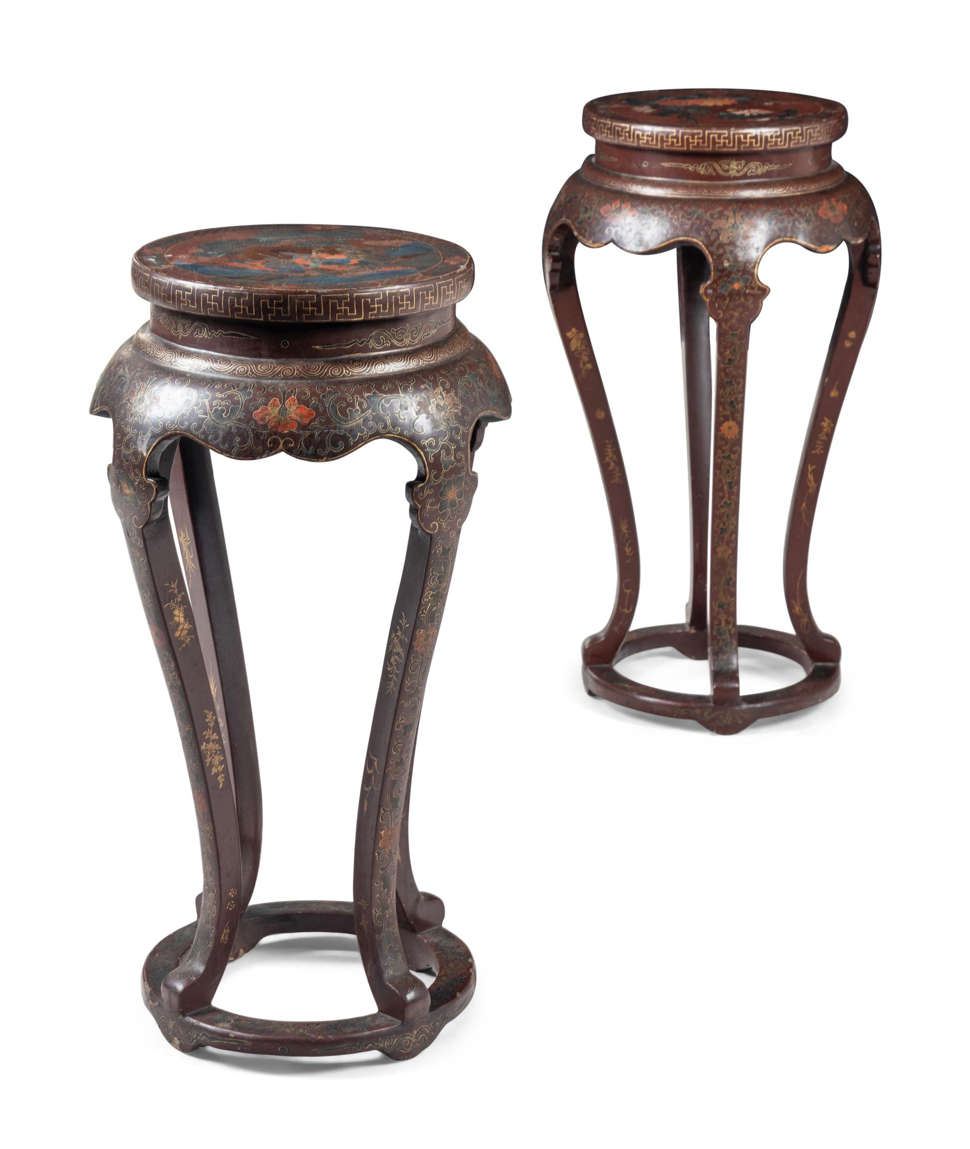 A Pair of Chinese Brown Ground Polychrome Painted Flower Stands