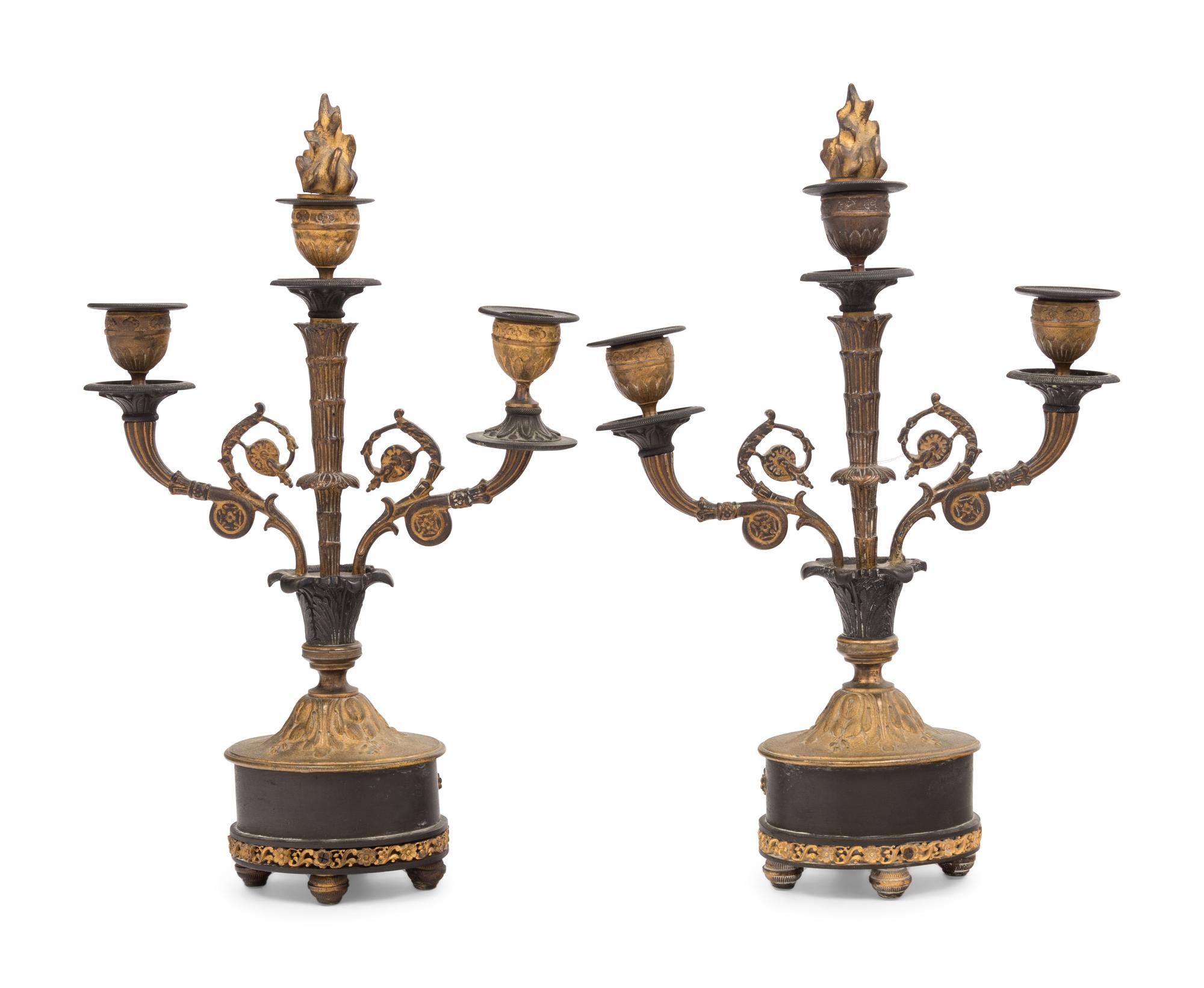 A Pair of Empire Gilt and Patinated Bronze Two-Light Candelabra