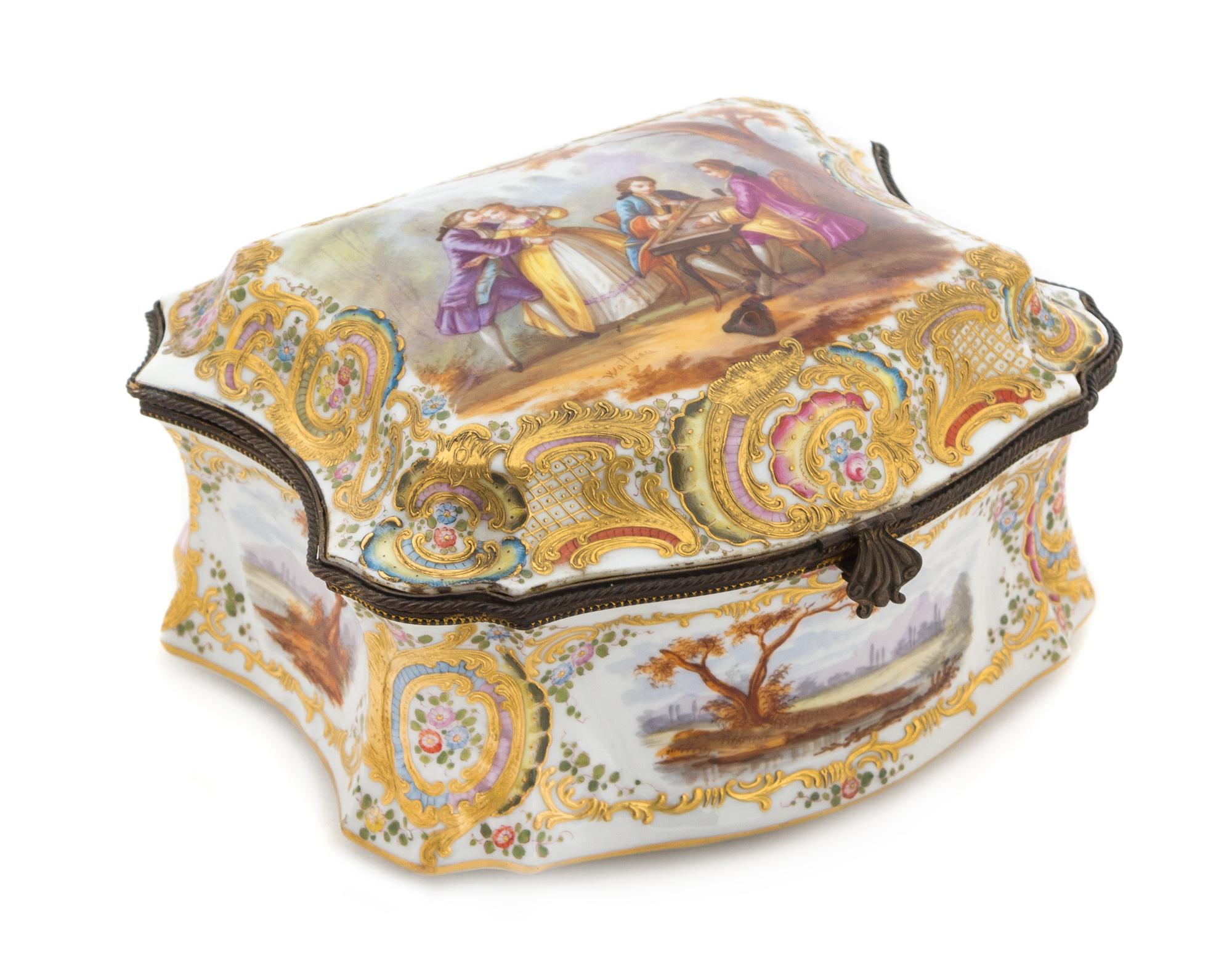 A Sevres Style Porcelain Table Casket Height 4 1/2 x width 7 1/2 inches.