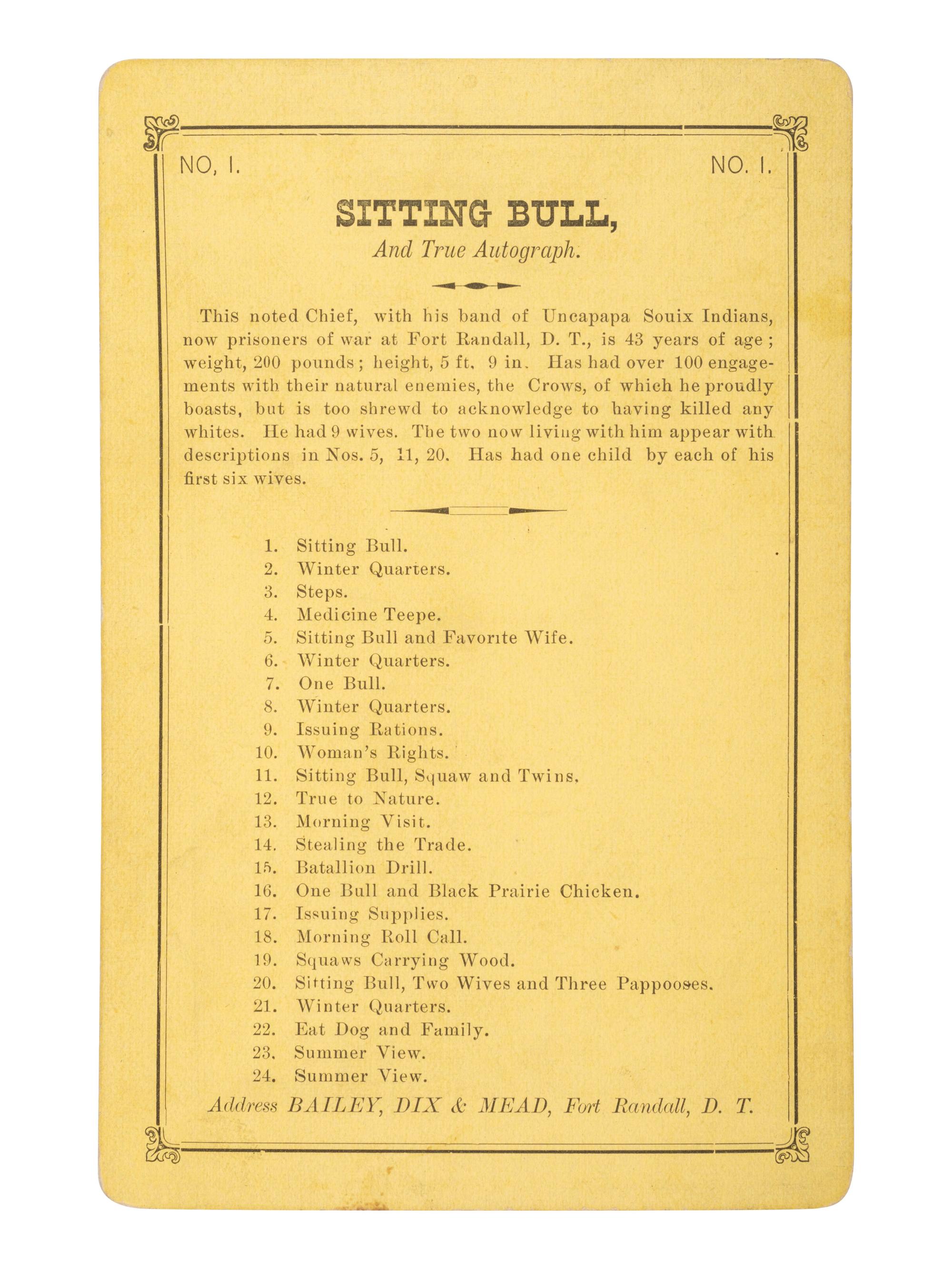 [NATIVE AMERICANS]. Cabinet card of Sitting Bull. Fort Randall, D.T.: Bailey, Dix, & Mead, 1882.