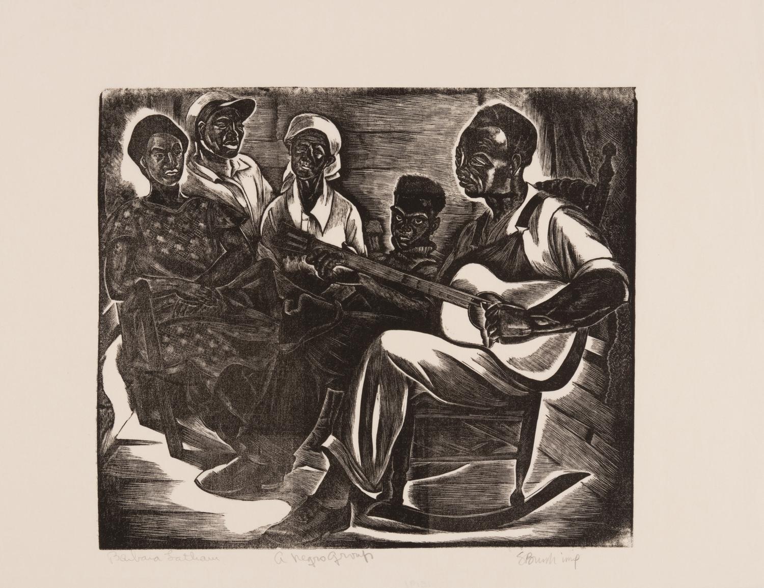 A group of four American prints (Irving Amen, Bitter Harvest ; Richard Correll, The Railroaders ; John de Martelly, Give us this Day ; Barbara Latham, A Negro Group )