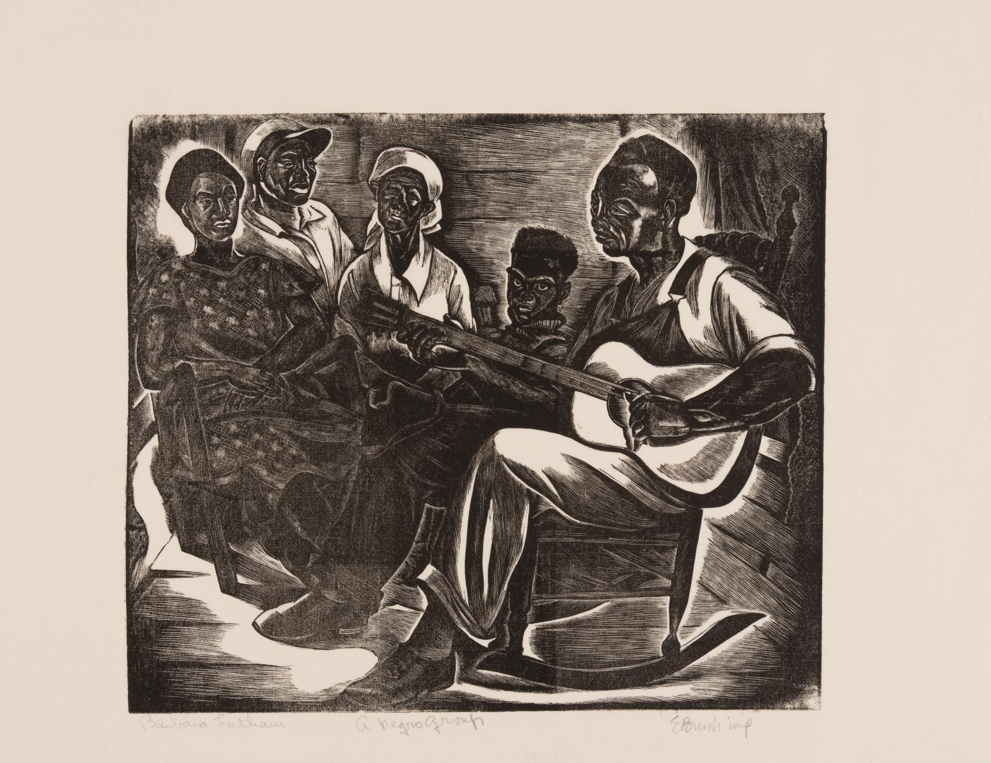 A group of four American prints (Irving Amen, Bitter Harvest ; Richard Correll, The Railroaders ; John de Martelly, Give us this Day ; Barbara Latham, A Negro Group )