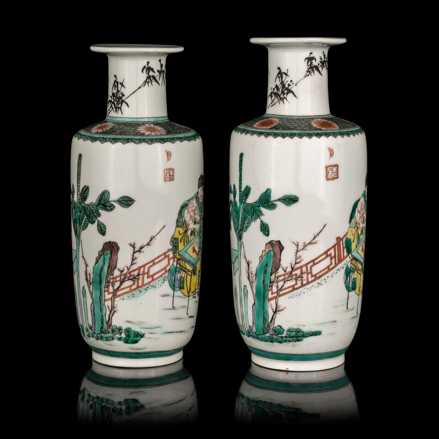 A Pair of Chinese Famille Verte Porcelain Rouleau Vases