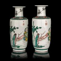 A Pair of Chinese Famille Verte Porcelain Rouleau Vases