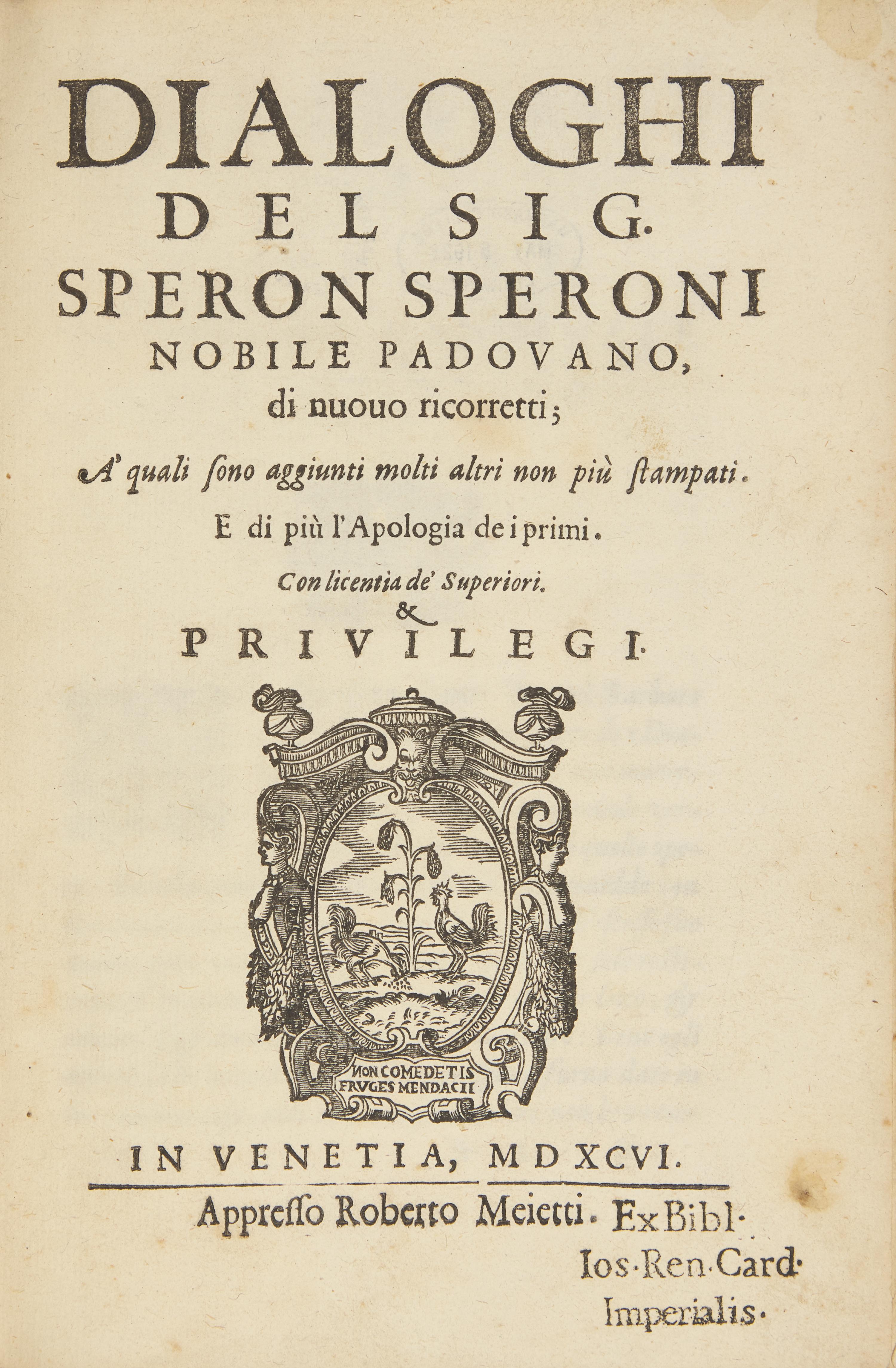 [Literature] Speroni, Speron. Dialoghi del sig. Speron Speroni Nobile Padovano, di nuouo ricorretti...