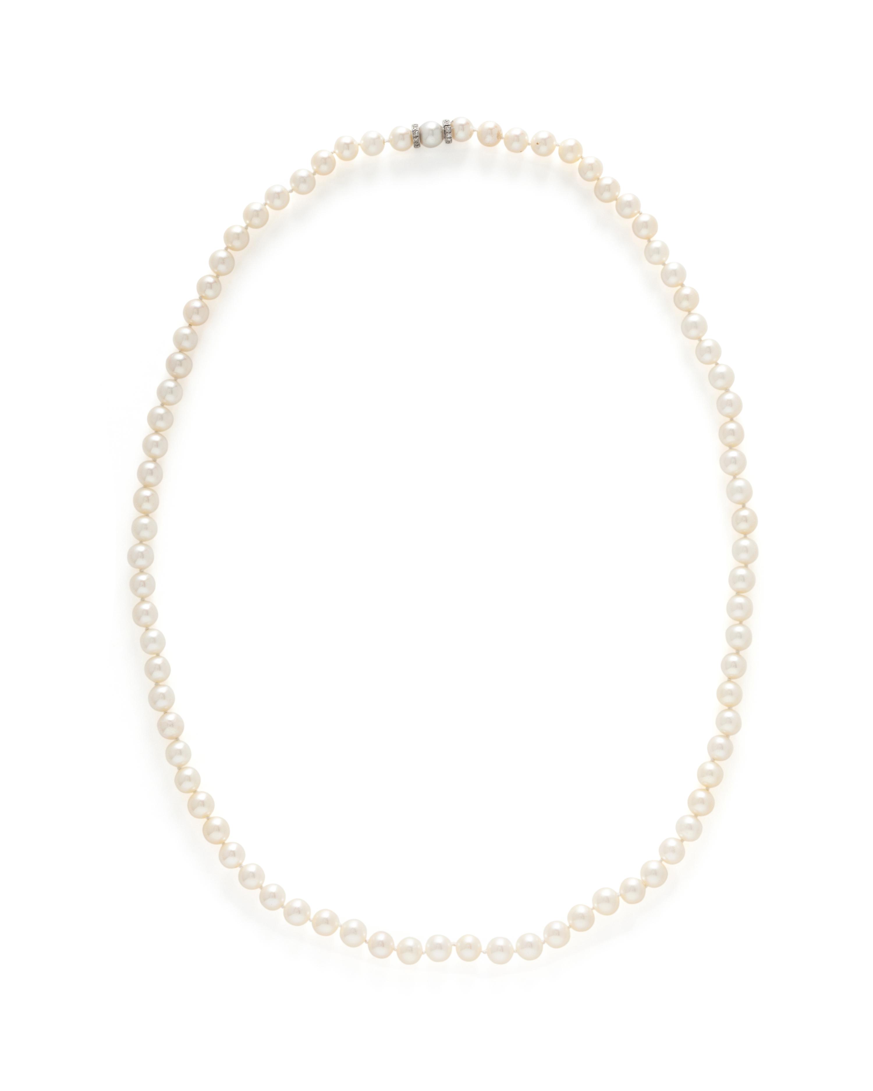 THREE CULTURED PEARL AND DIAMOND NECKLACES WITH TWO BRACELETS