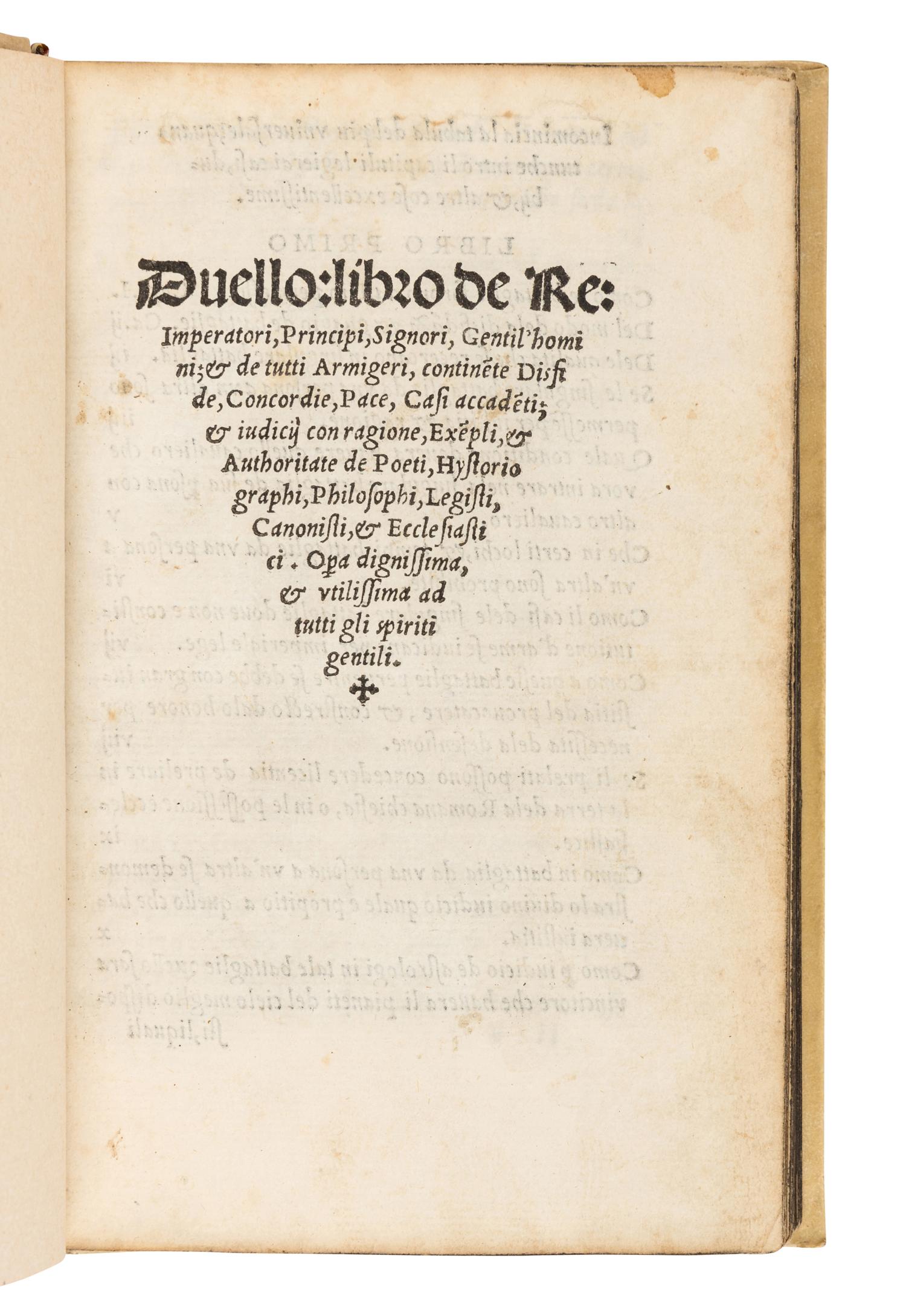 PUTEO, Paris de (1410-1493). Duello: Libro de Re Imperatori, Principi, Signori, Gentil'homini de tutti Armigeri . Venice: Aurelio Pincio, October 1530.