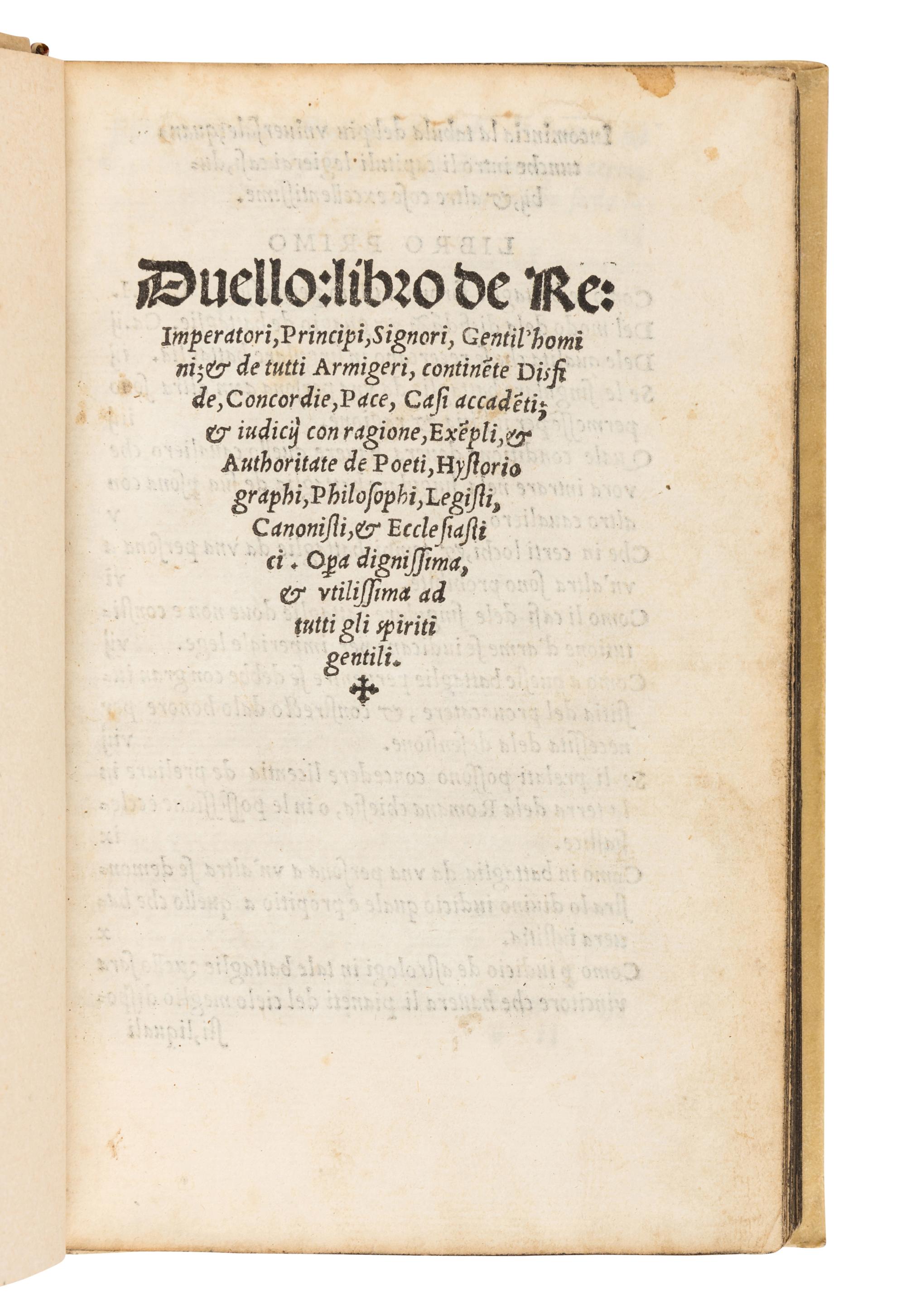 PUTEO, Paris de (1410-1493). Duello: Libro de Re Imperatori, Principi, Signori, Gentil'homini de tutti Armigeri . Venice: Aurelio Pincio, October 1530.