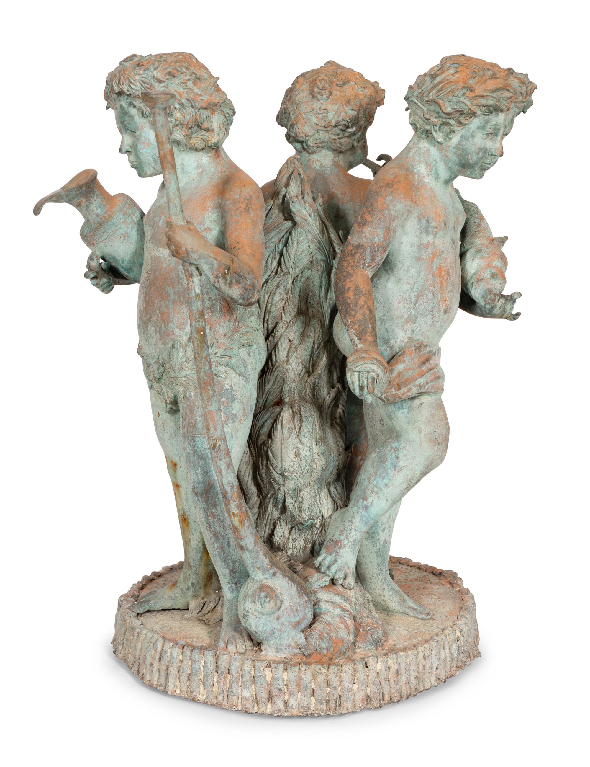 A Large Continental Patinated Bronze Putti Fountain