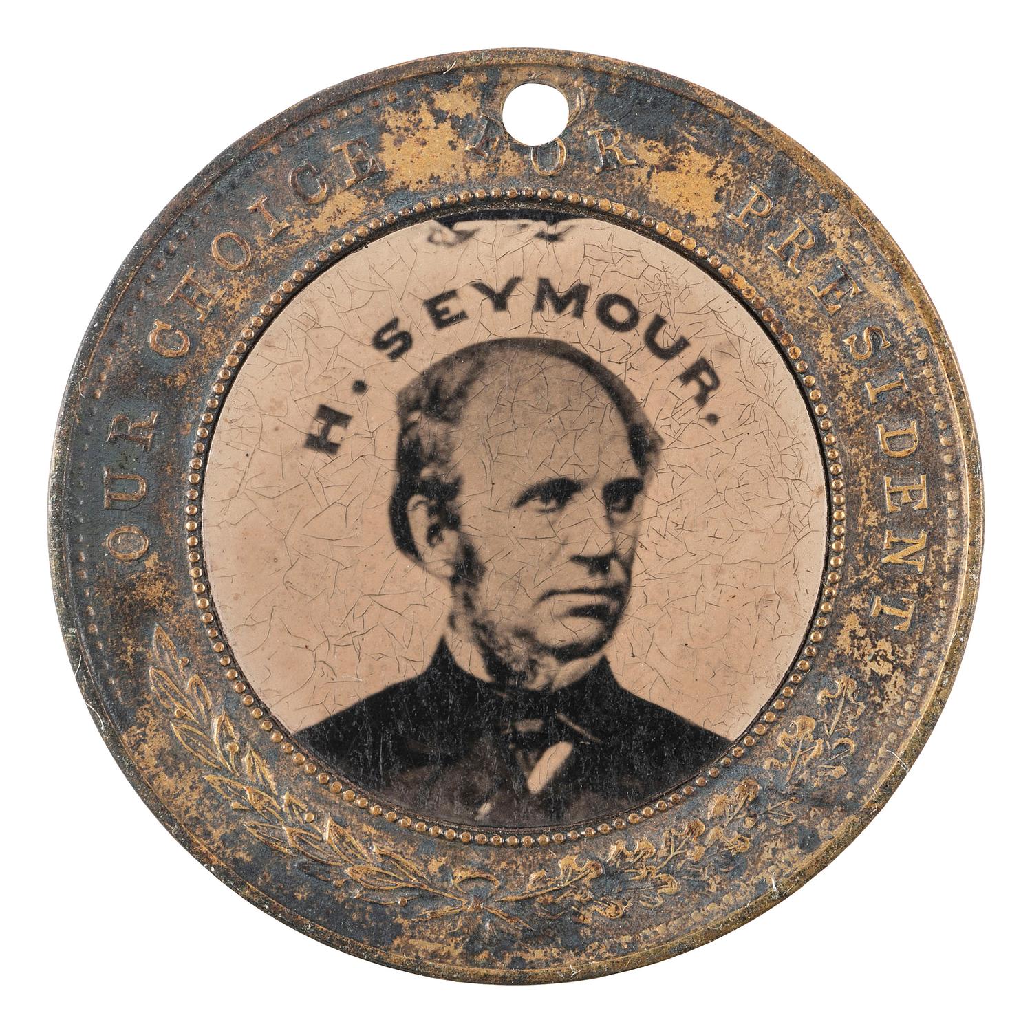 [POLITICS]. Horatio Seymour and Francis P. Blair back-to-back campaign ferrotype badge. 1868.
