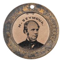 [POLITICS]. Horatio Seymour and Francis P. Blair back-to-back campaign ferrotype badge. 1868.