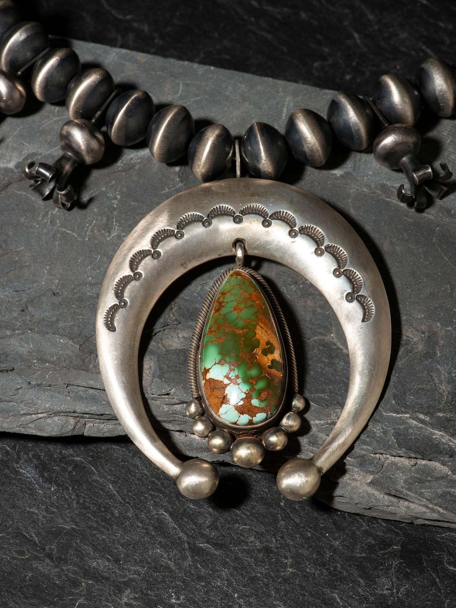 Large Sterling Silver and Royston Turquoise Squash Blossom Necklace