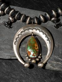 Large Sterling Silver and Royston Turquoise Squash Blossom Necklace