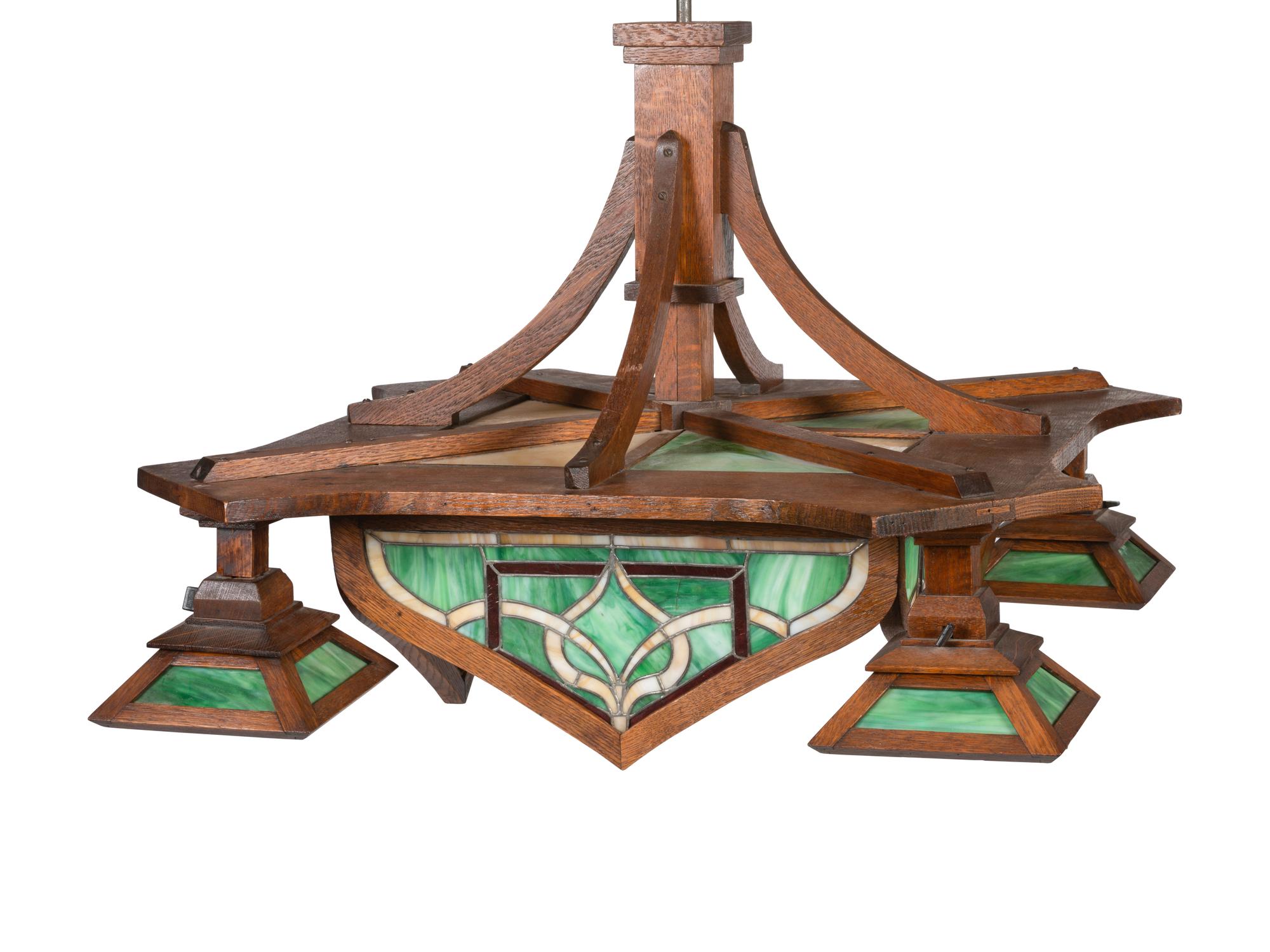 An Oak and Stained Glass Arts and Crafts Hanging Lamp