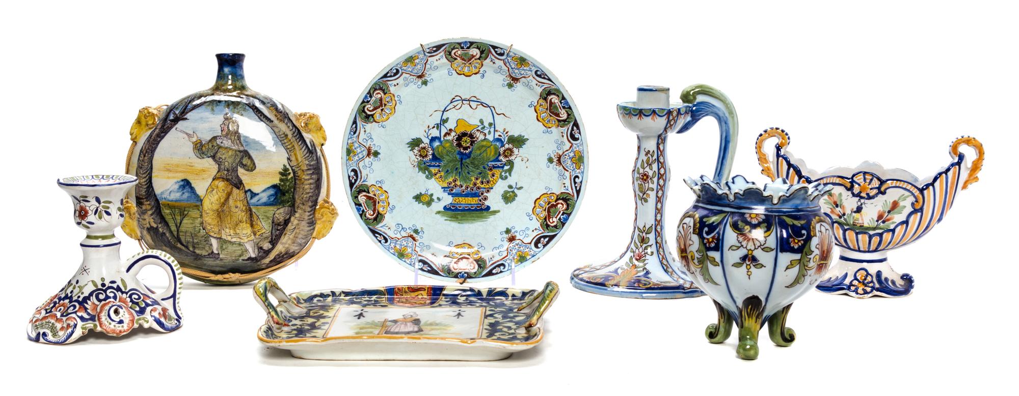 A Group of Seven Quimper Pottery Articles Diameter of last 9 1/2 inches.