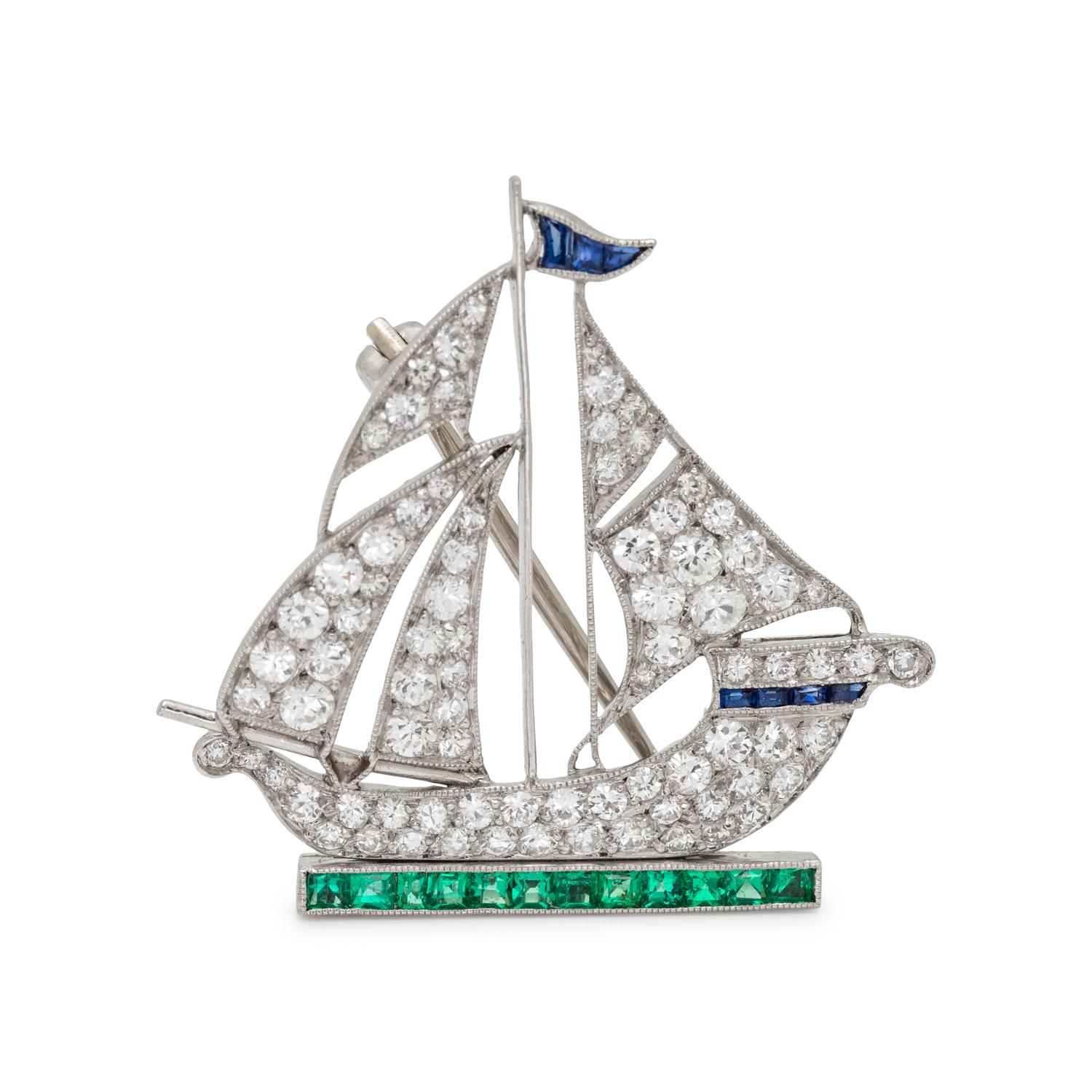 ART DECO, DIAMOND, EMERALD AND SAPPHIRE SAILBOAT BROOCH
