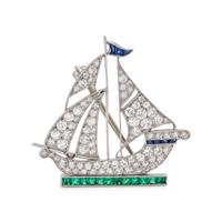 ART DECO, DIAMOND, EMERALD AND SAPPHIRE SAILBOAT BROOCH